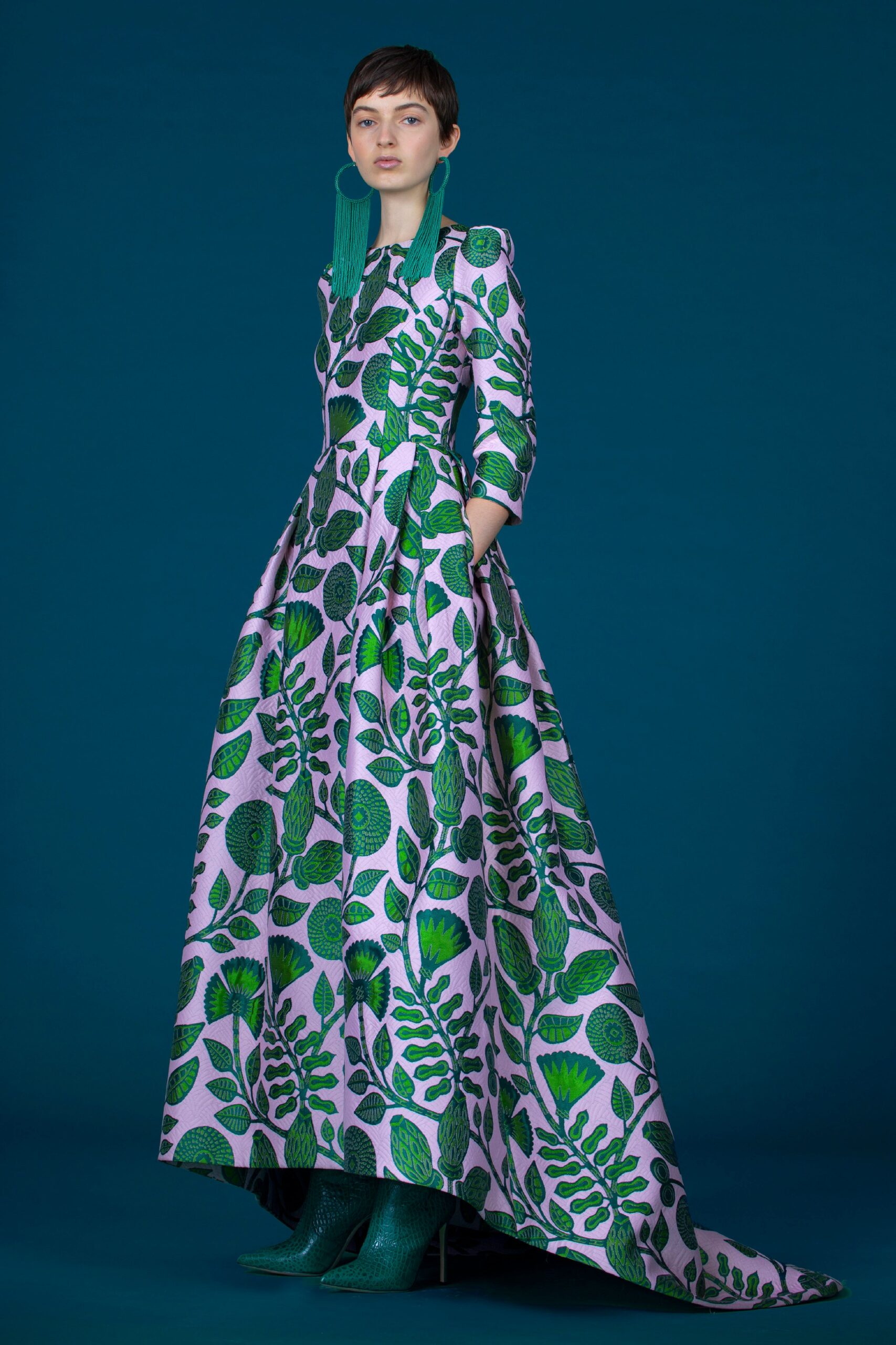 purple silk flared gown
