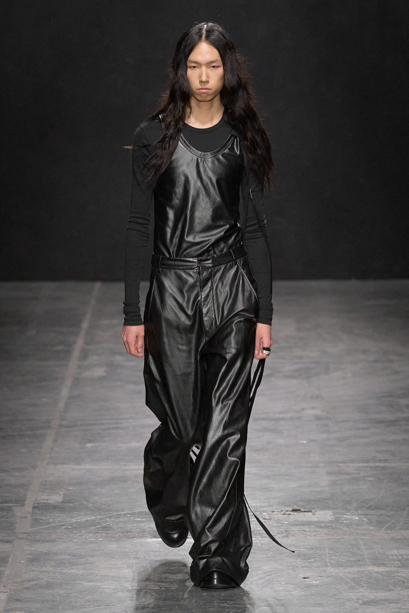 black leather jumpsuit and fitted top