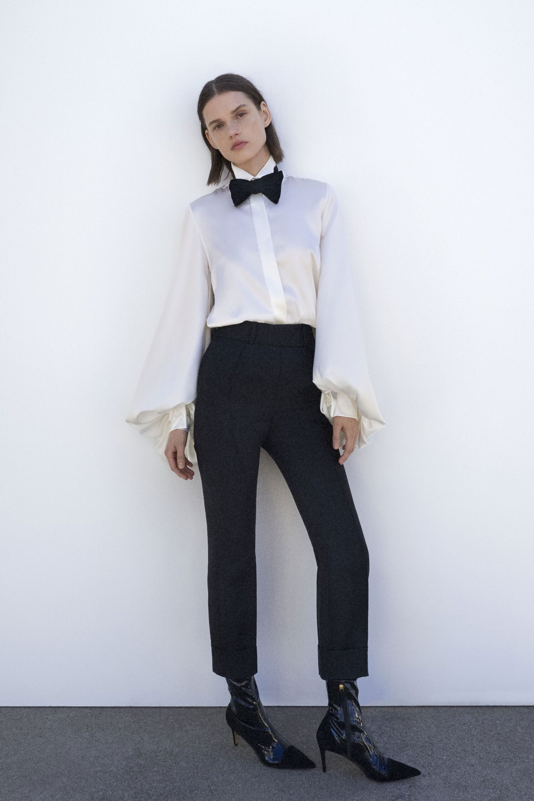 white silk shirt with black pants
