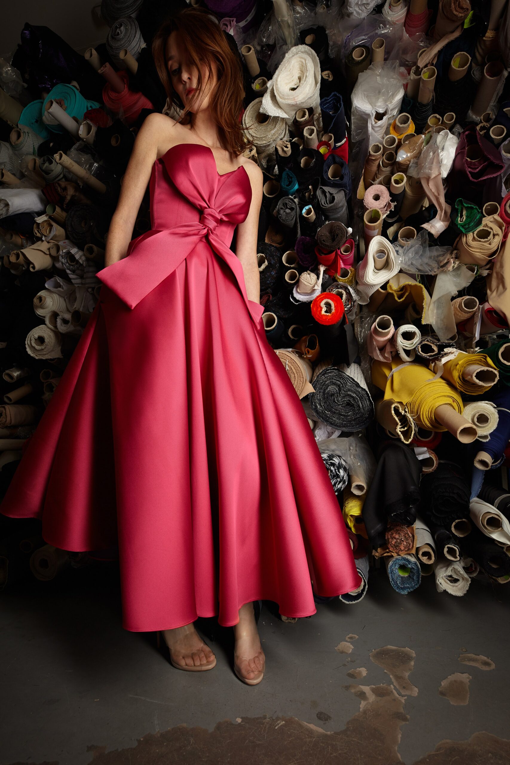 pink silk strapless gown