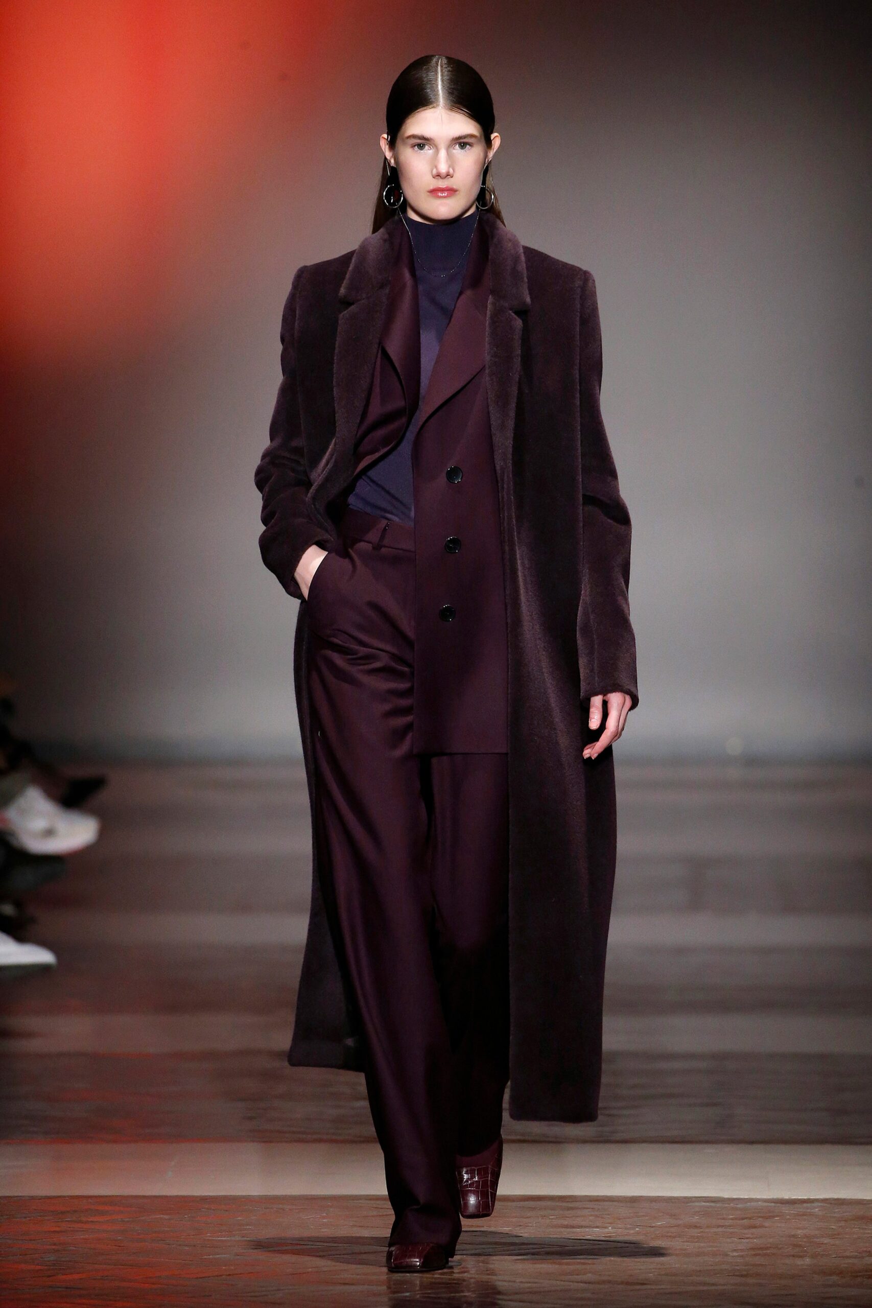 purple wool coat with tailored pants