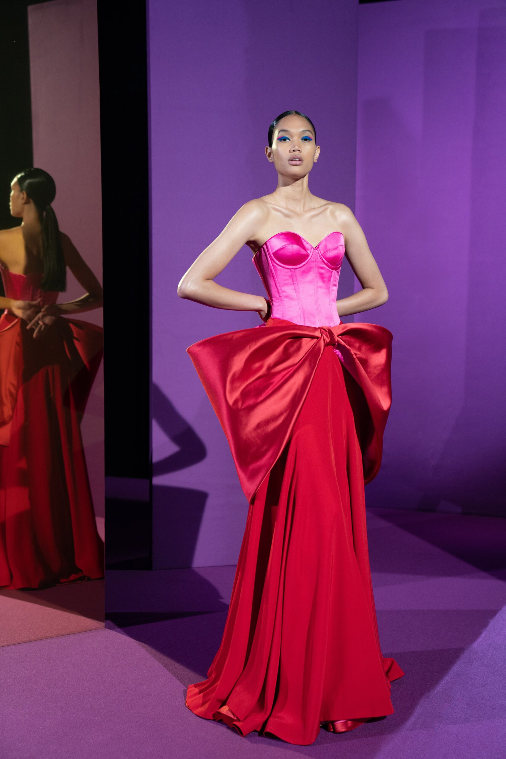red silk strapless gown
