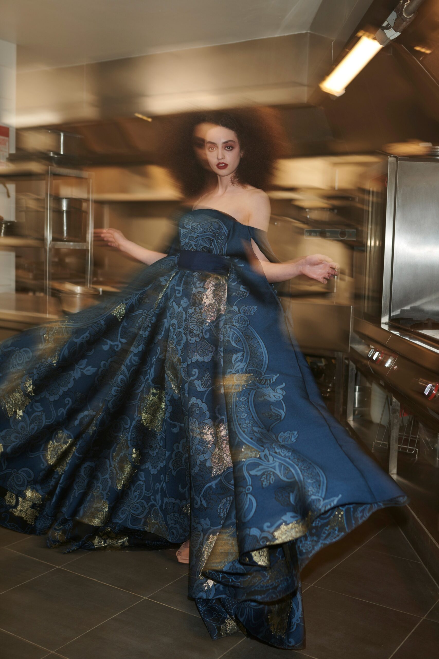 blue silk strapless gown