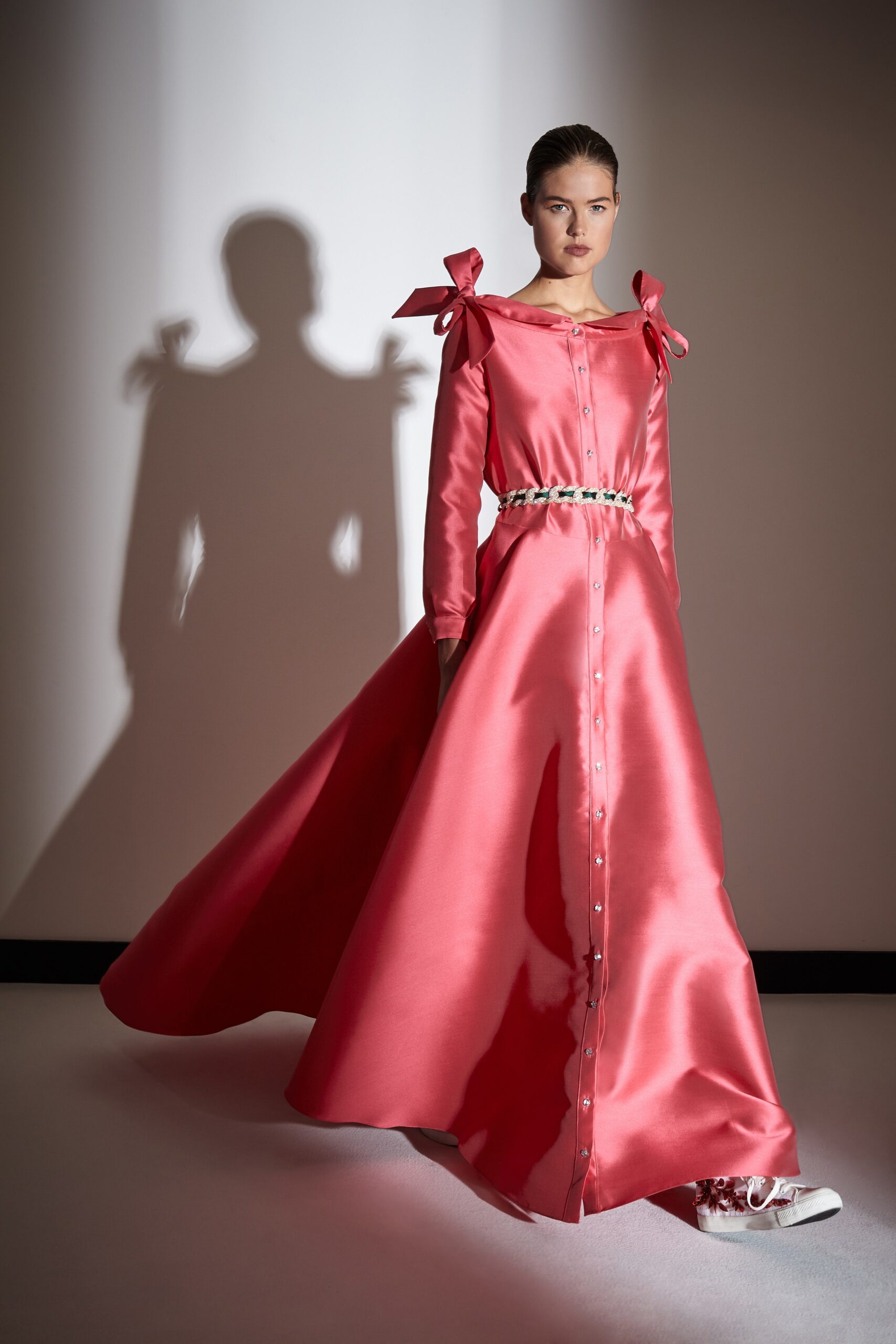 pink satin long-sleeve gown