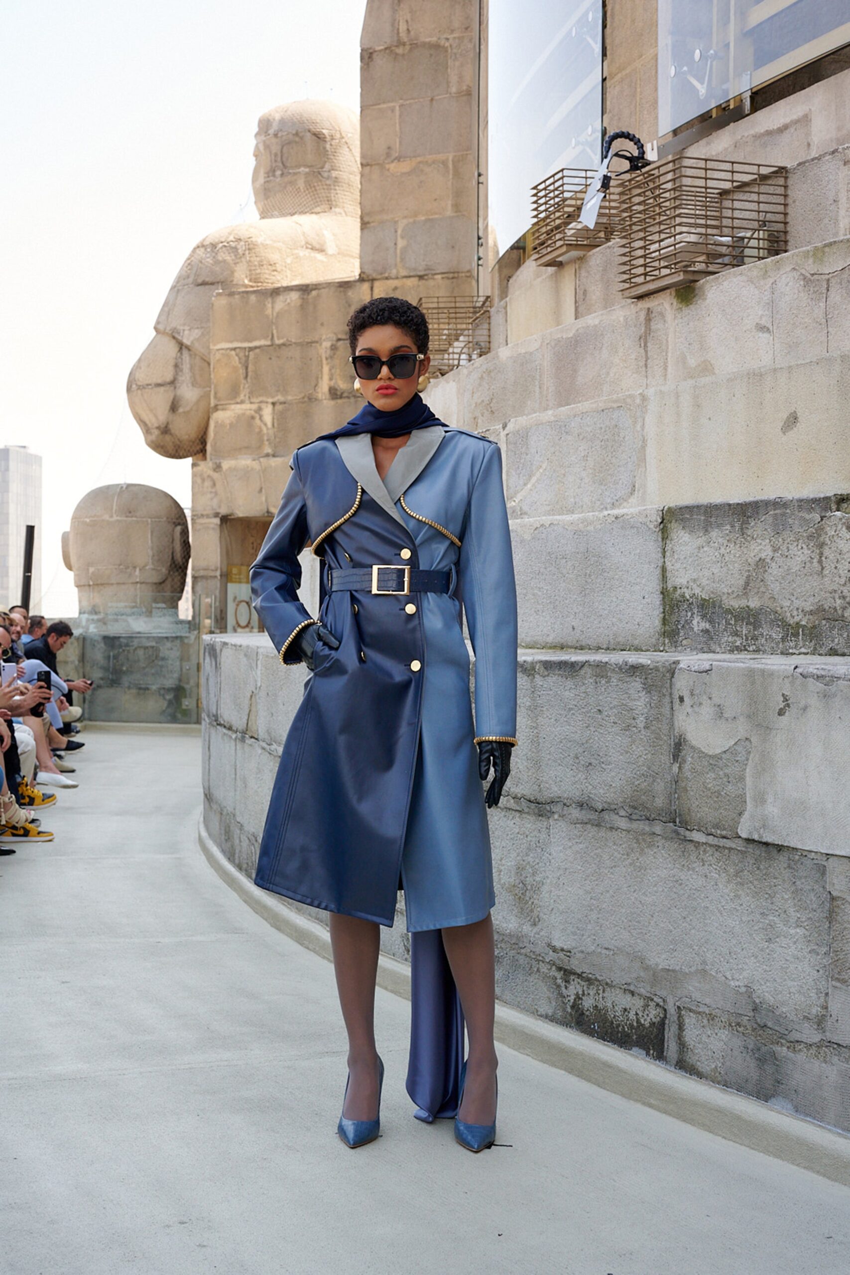 fitted blue leather coat