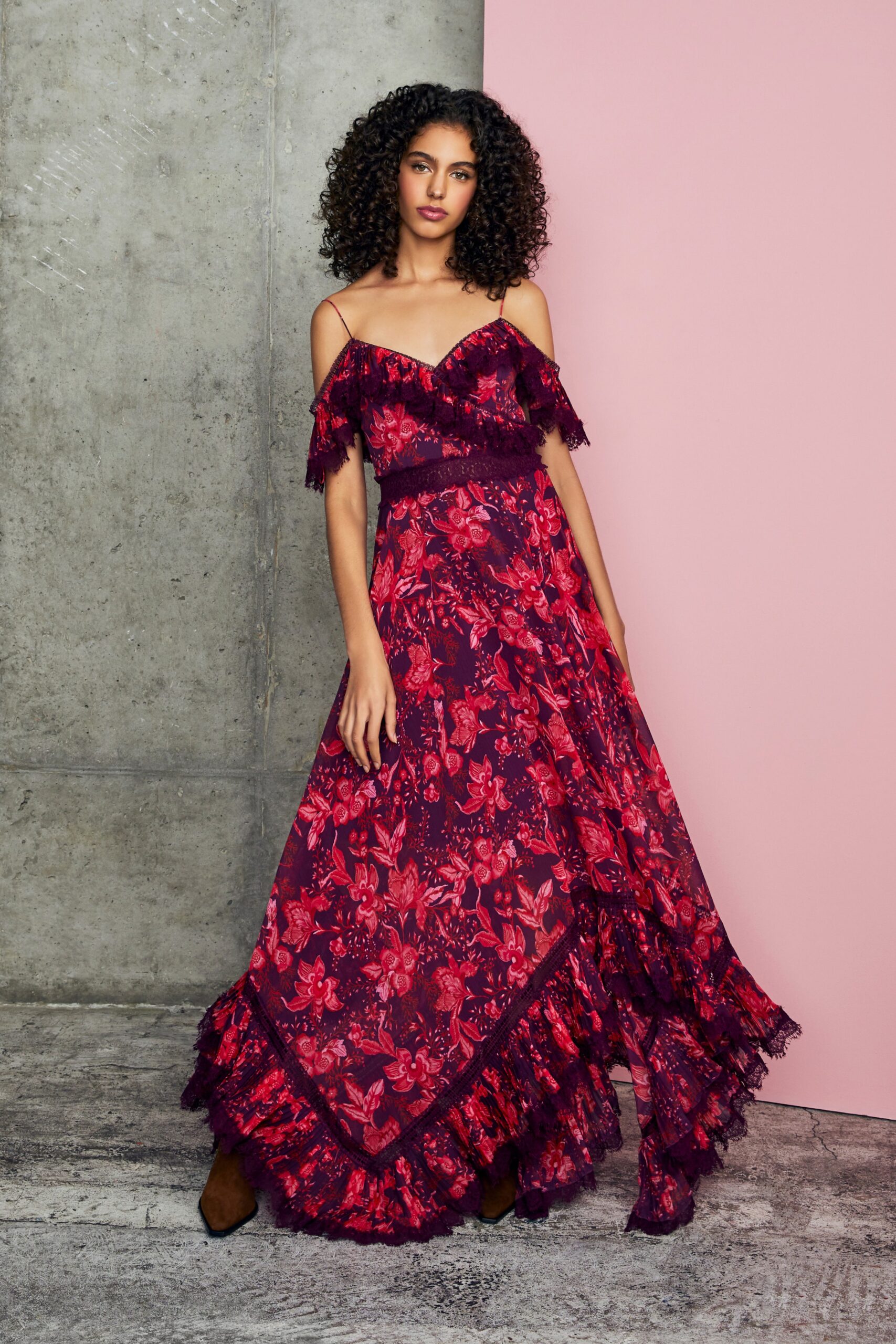 purple floral off-shoulder gown