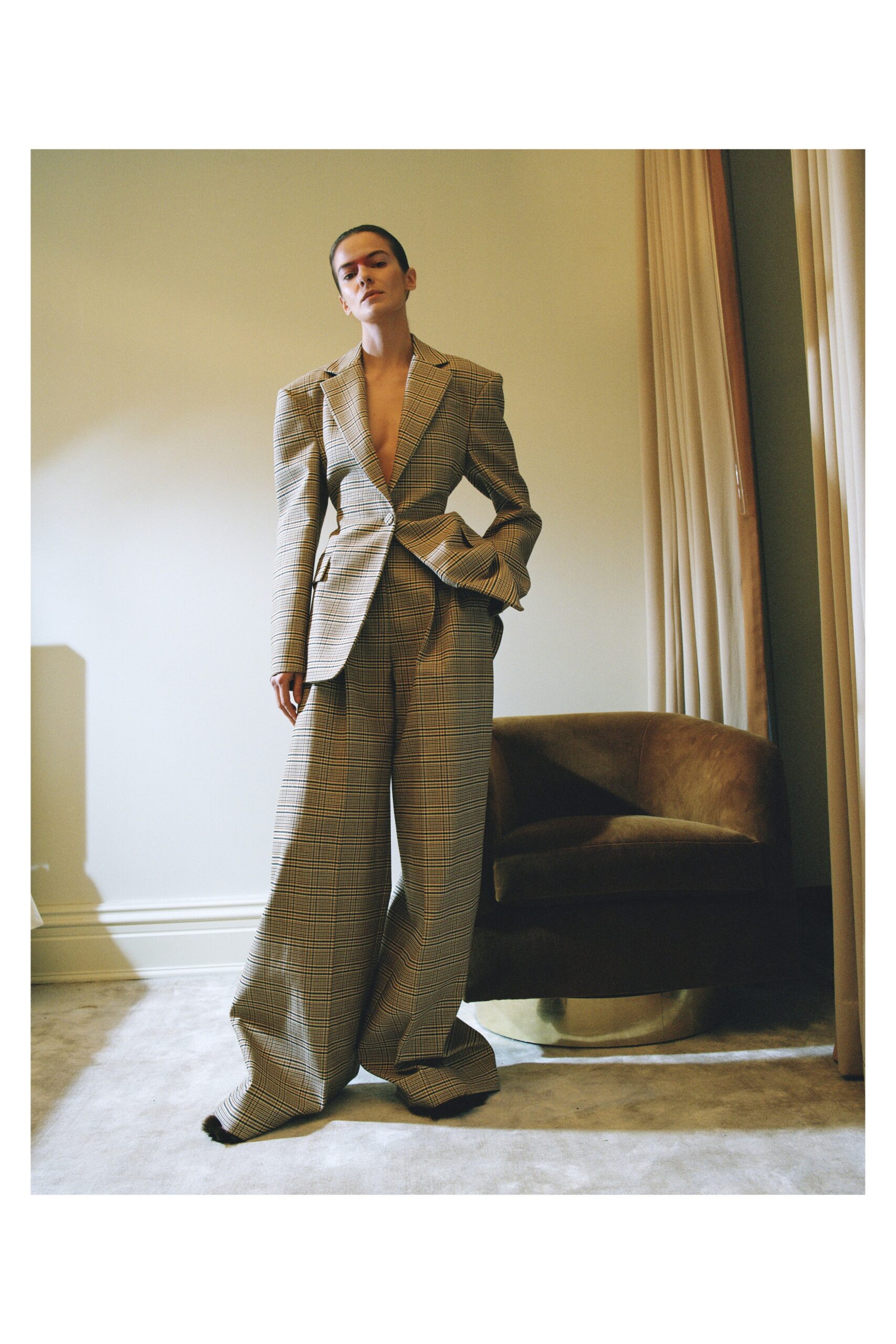 brown checked tailored suit