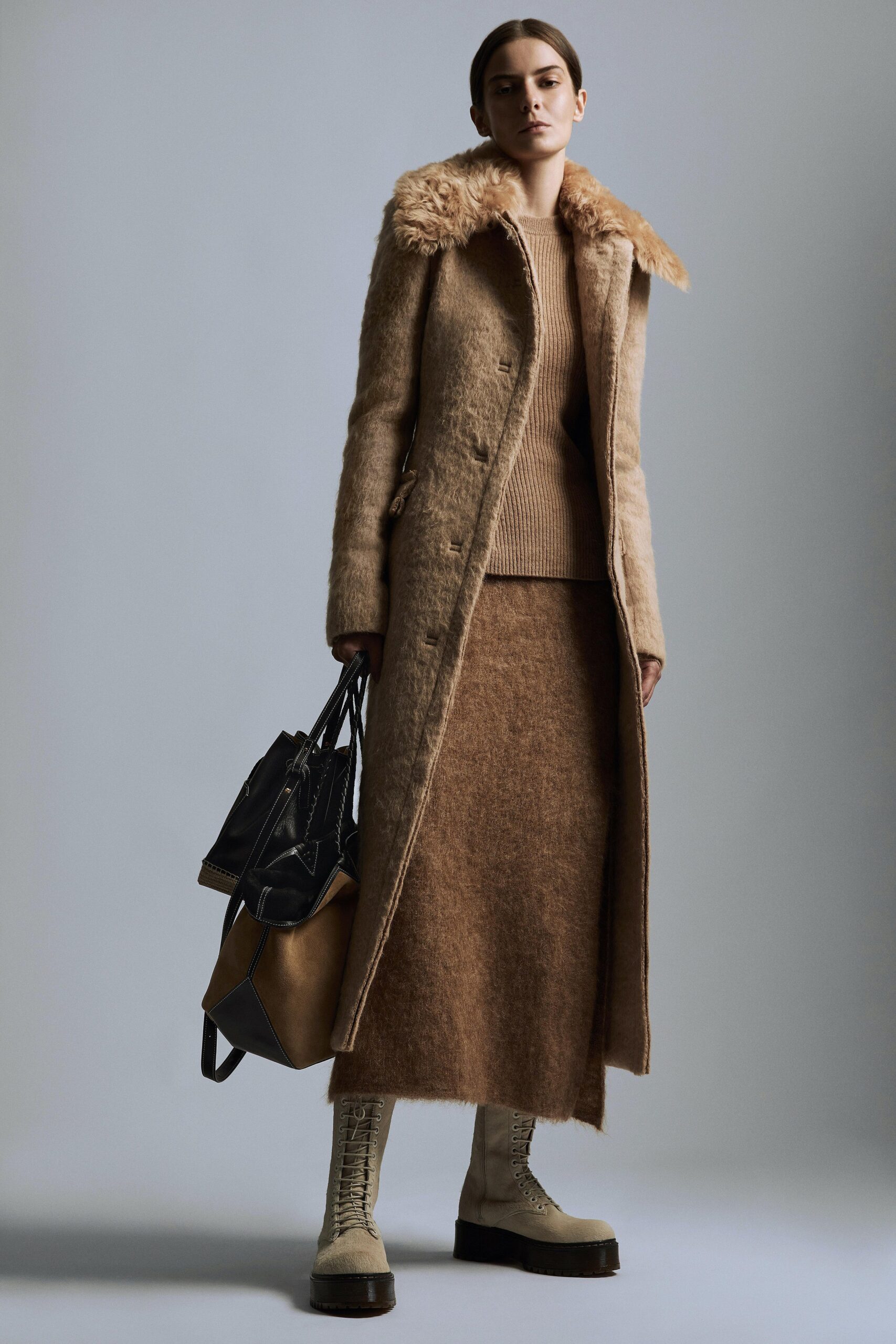 brown wool coat with beige sweater