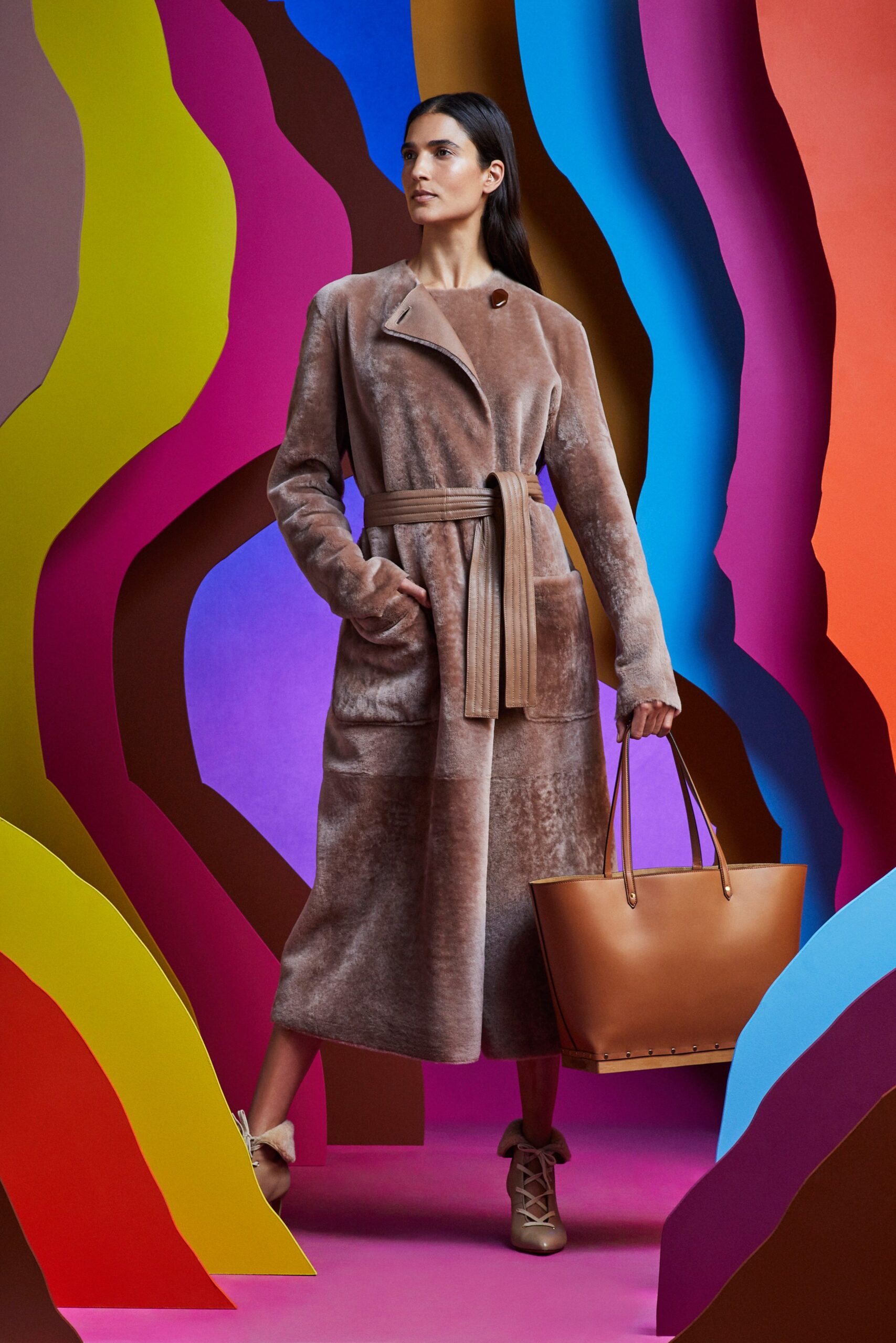 brown faux-fur belted coat