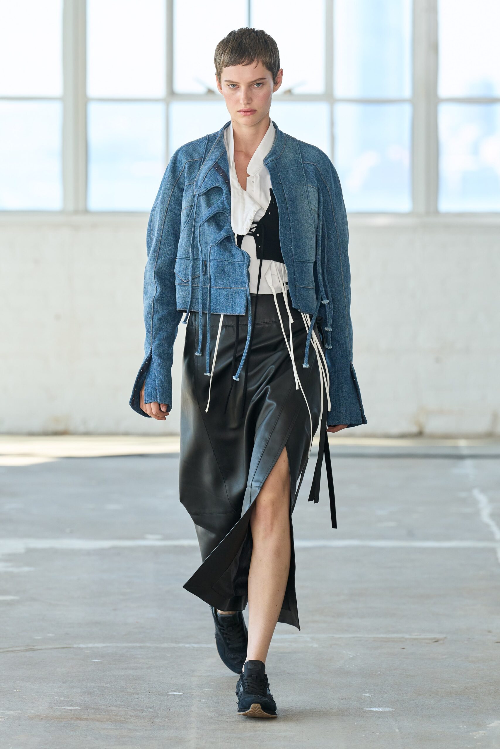 blue denim long-sleeve collared relaxed ruffled jacket