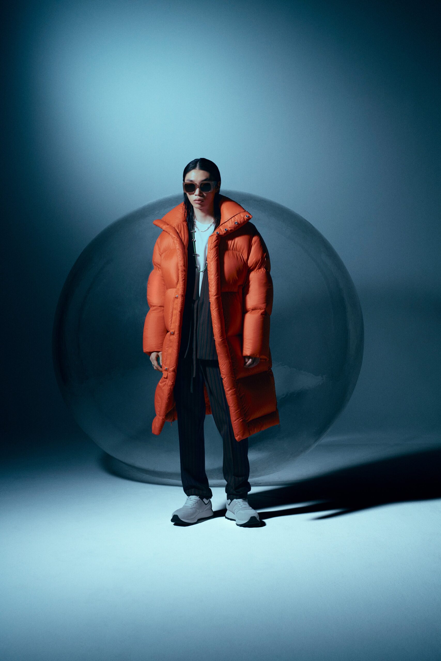 orange jersey long-sleeve collared oversized padded maxi coat