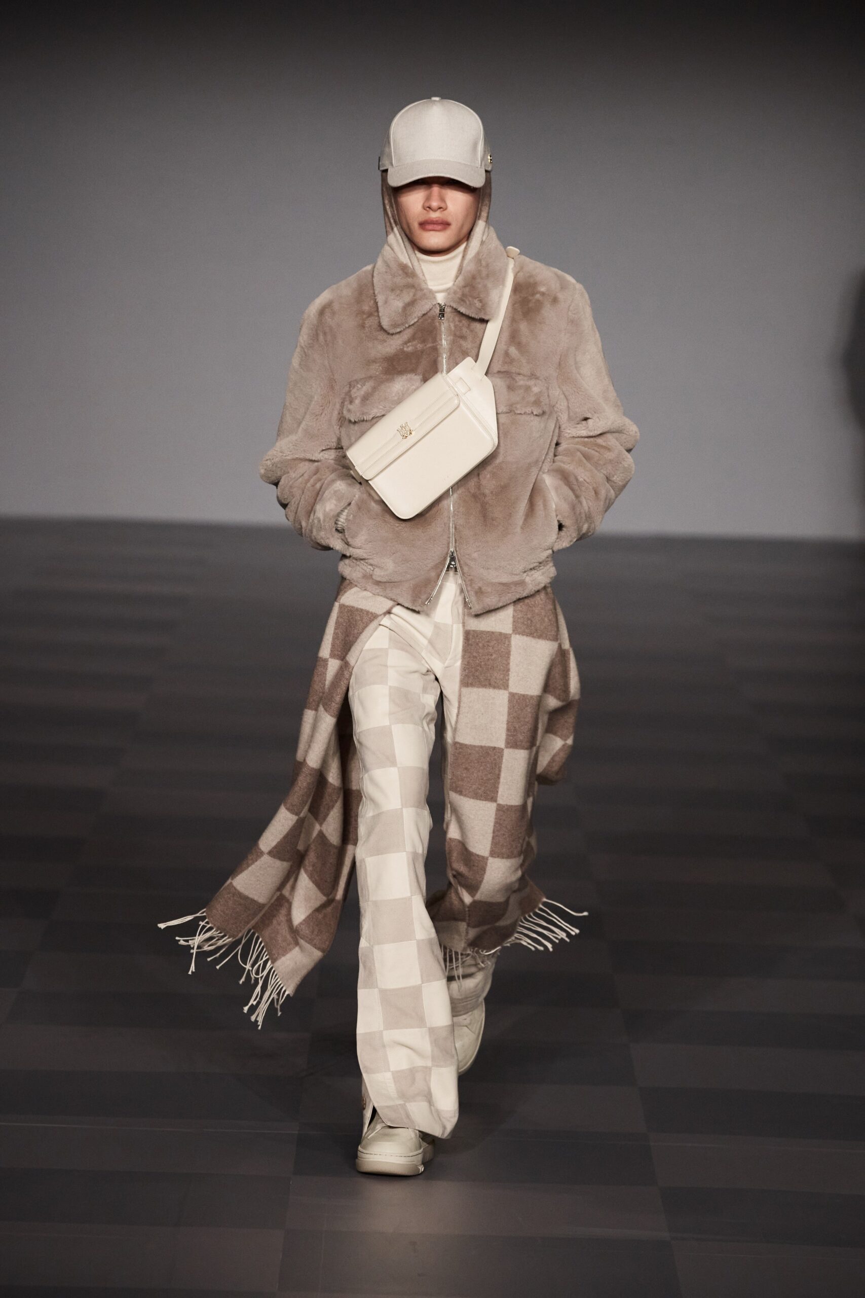 beige faux-fur coat with checked pants