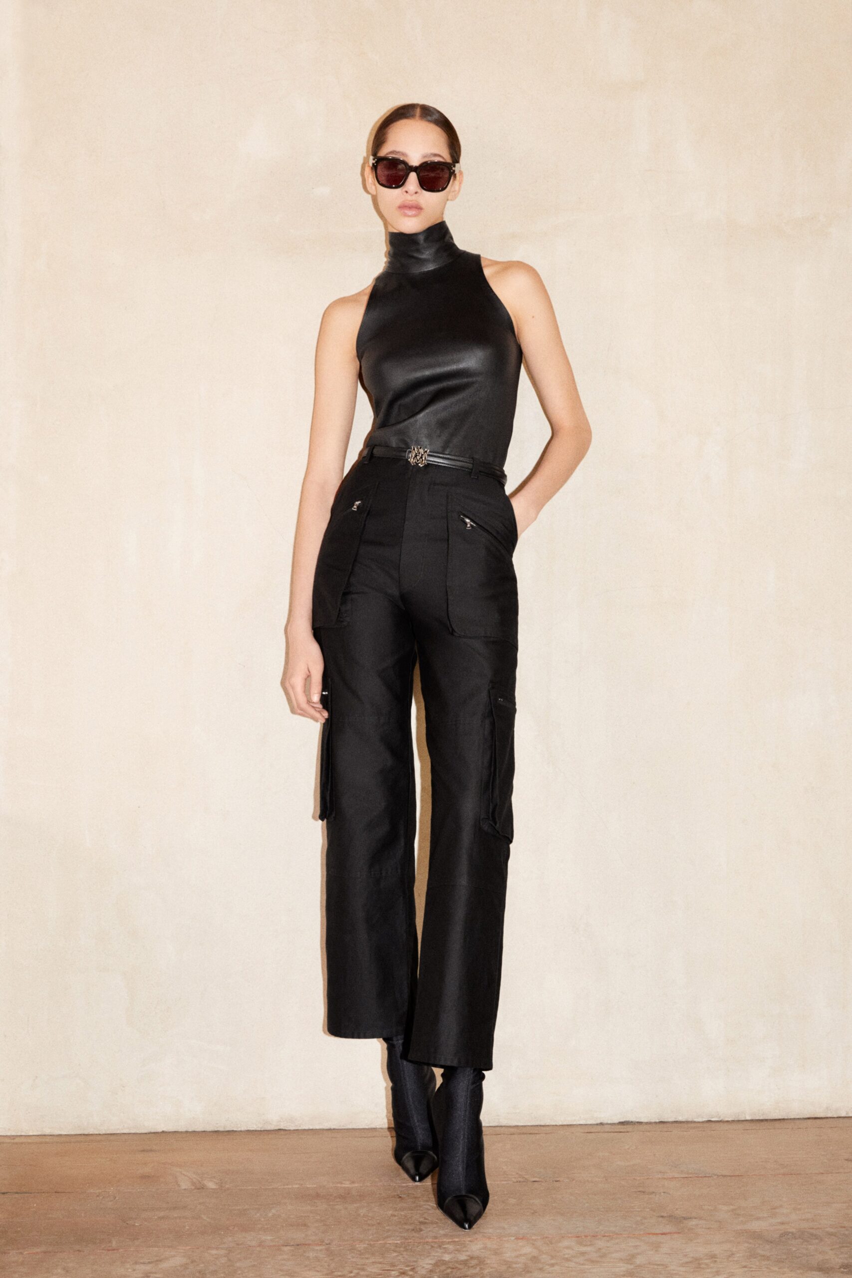 black cotton long-sleeve relaxed cargo pants