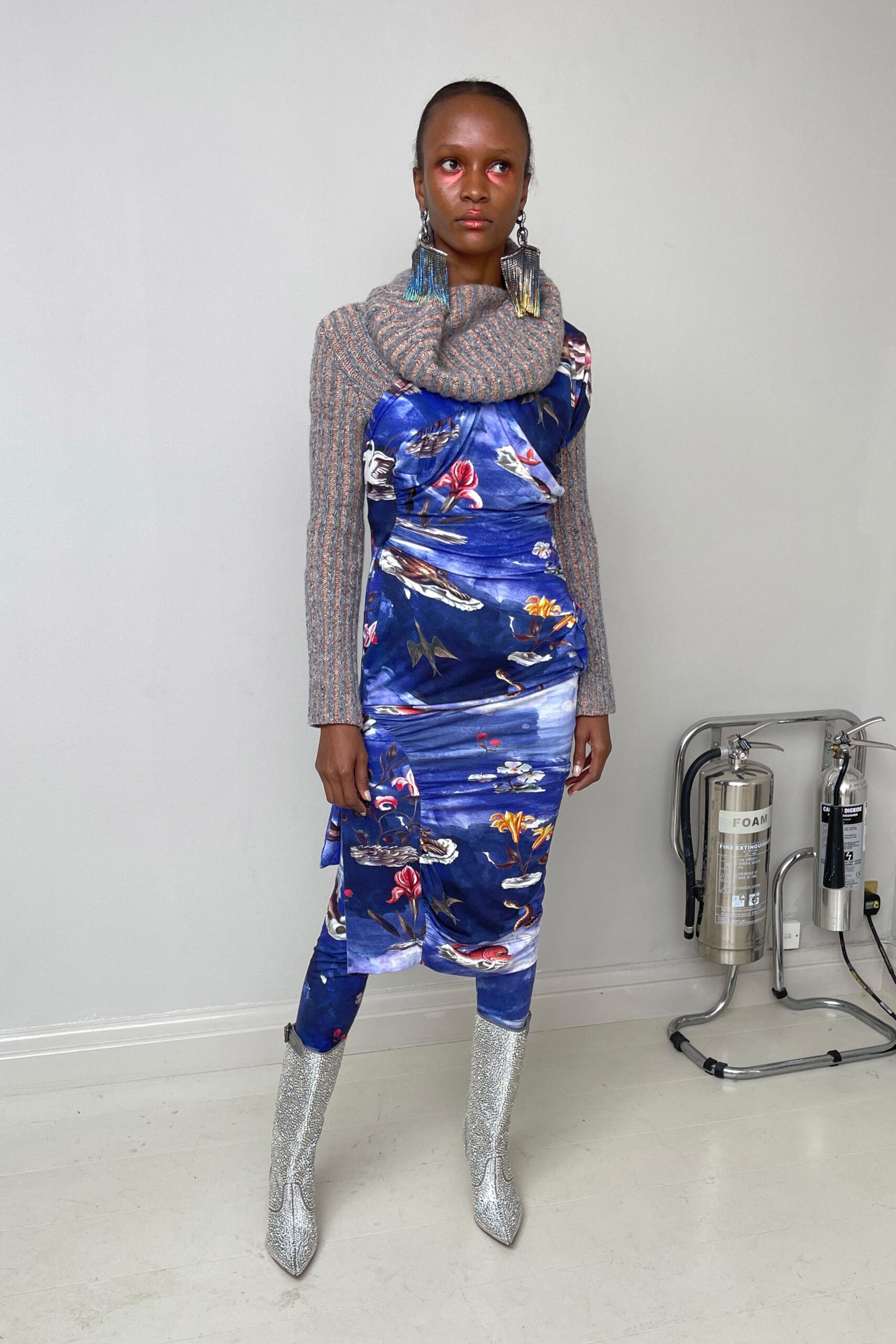 blue multi-colored midi dress with gray sweater