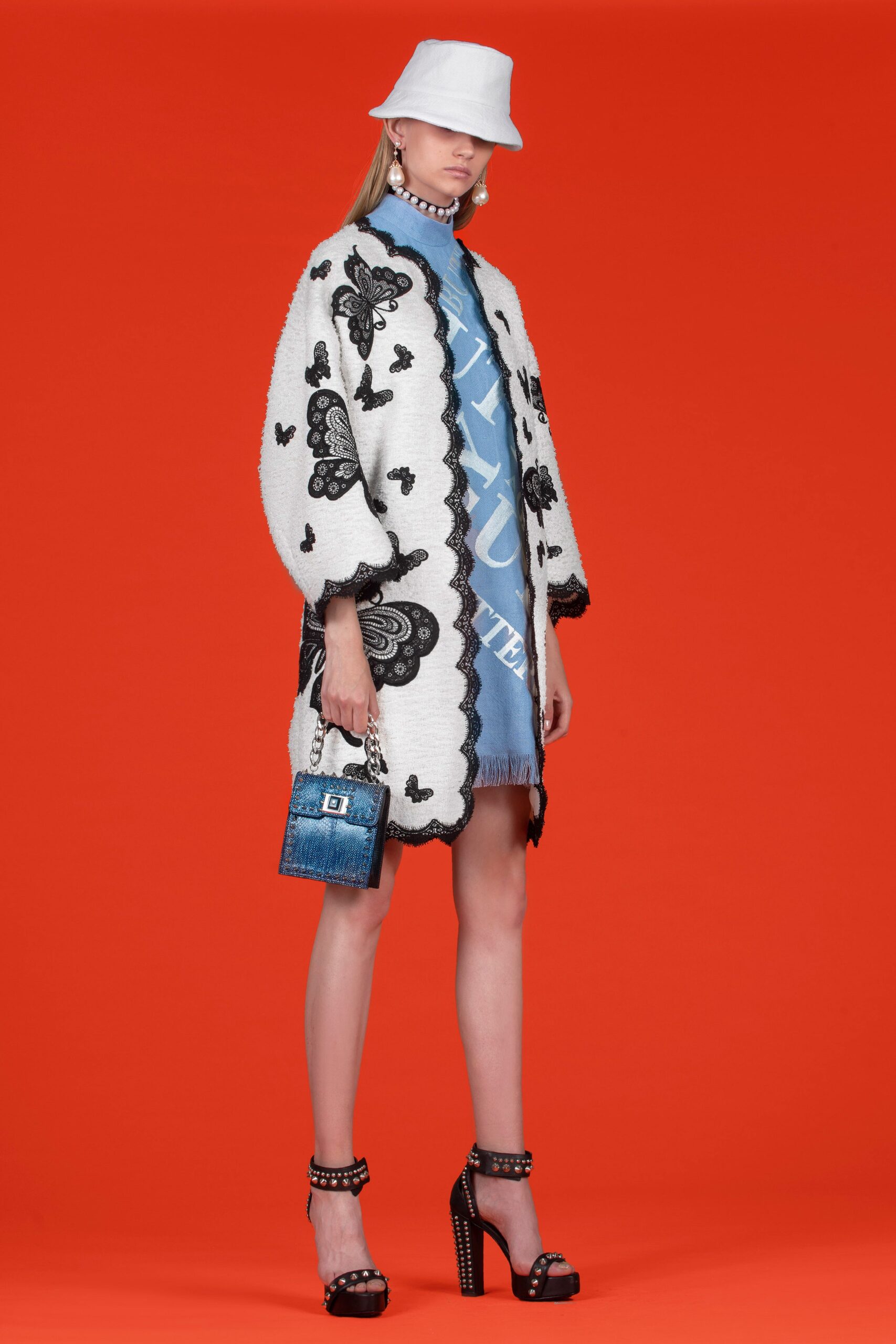 blue denim sleeveless v-neck fitted printed dress