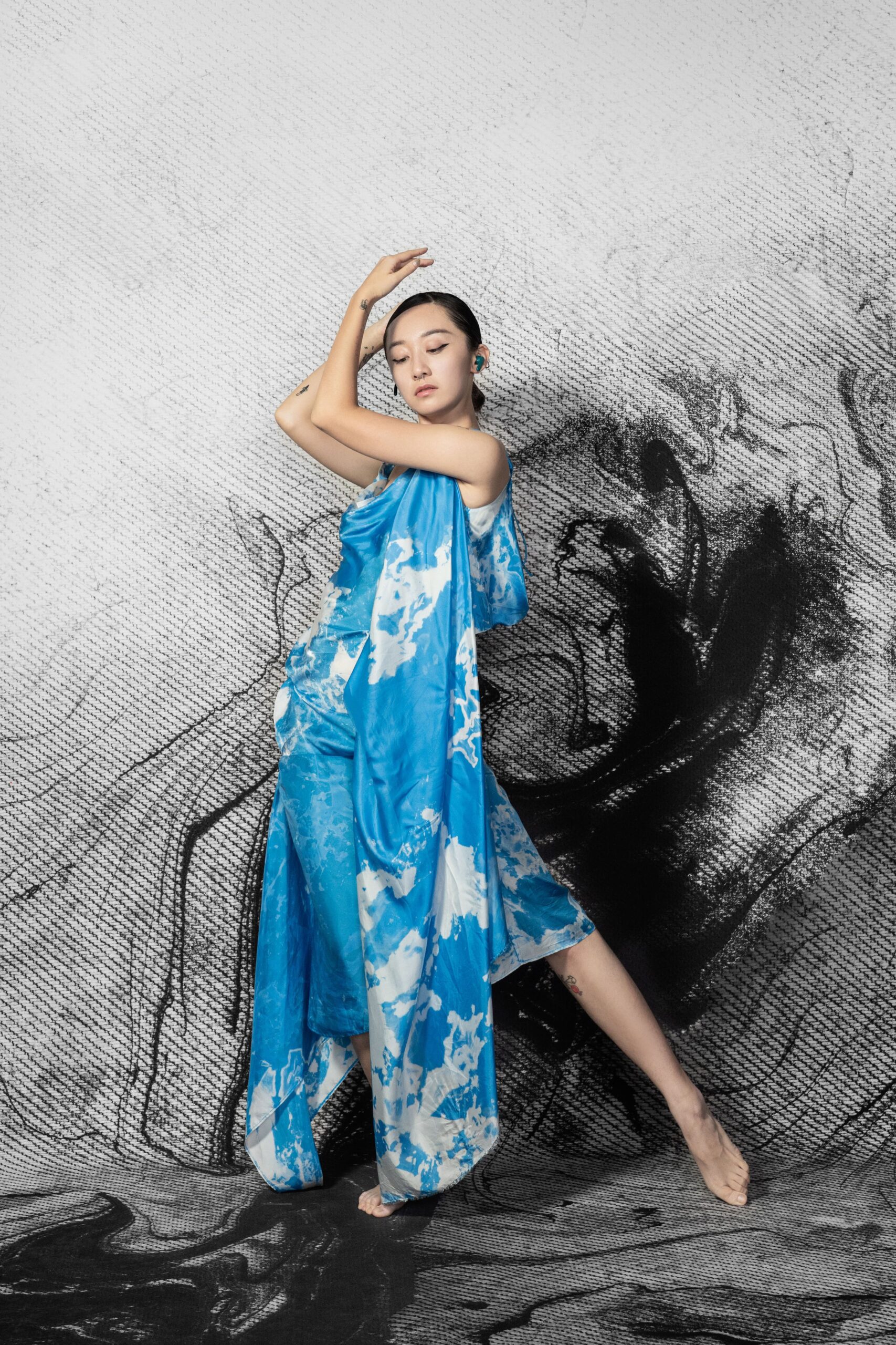 blue and white silk off-shoulder dress