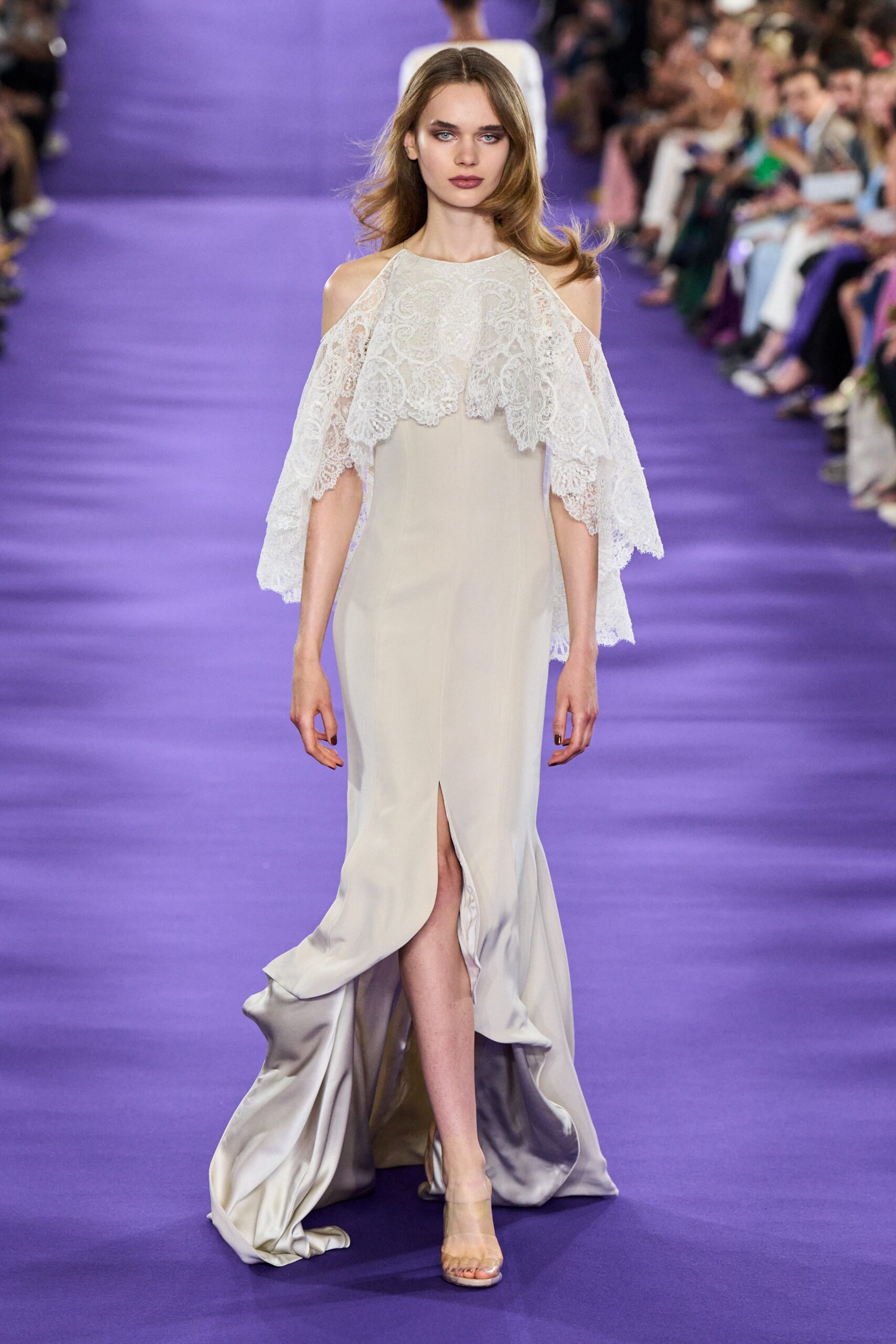beige silk gown with lace cape