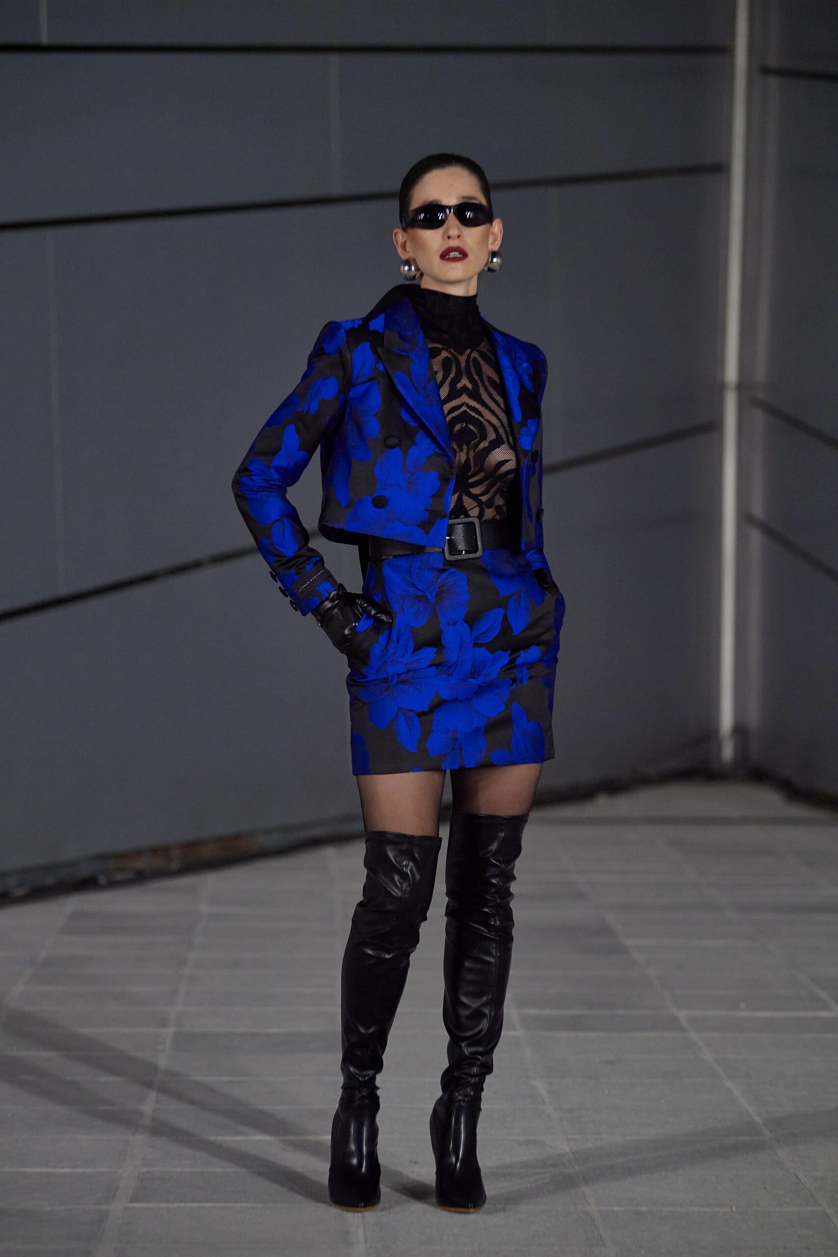 blue floral blazer and mini skirt