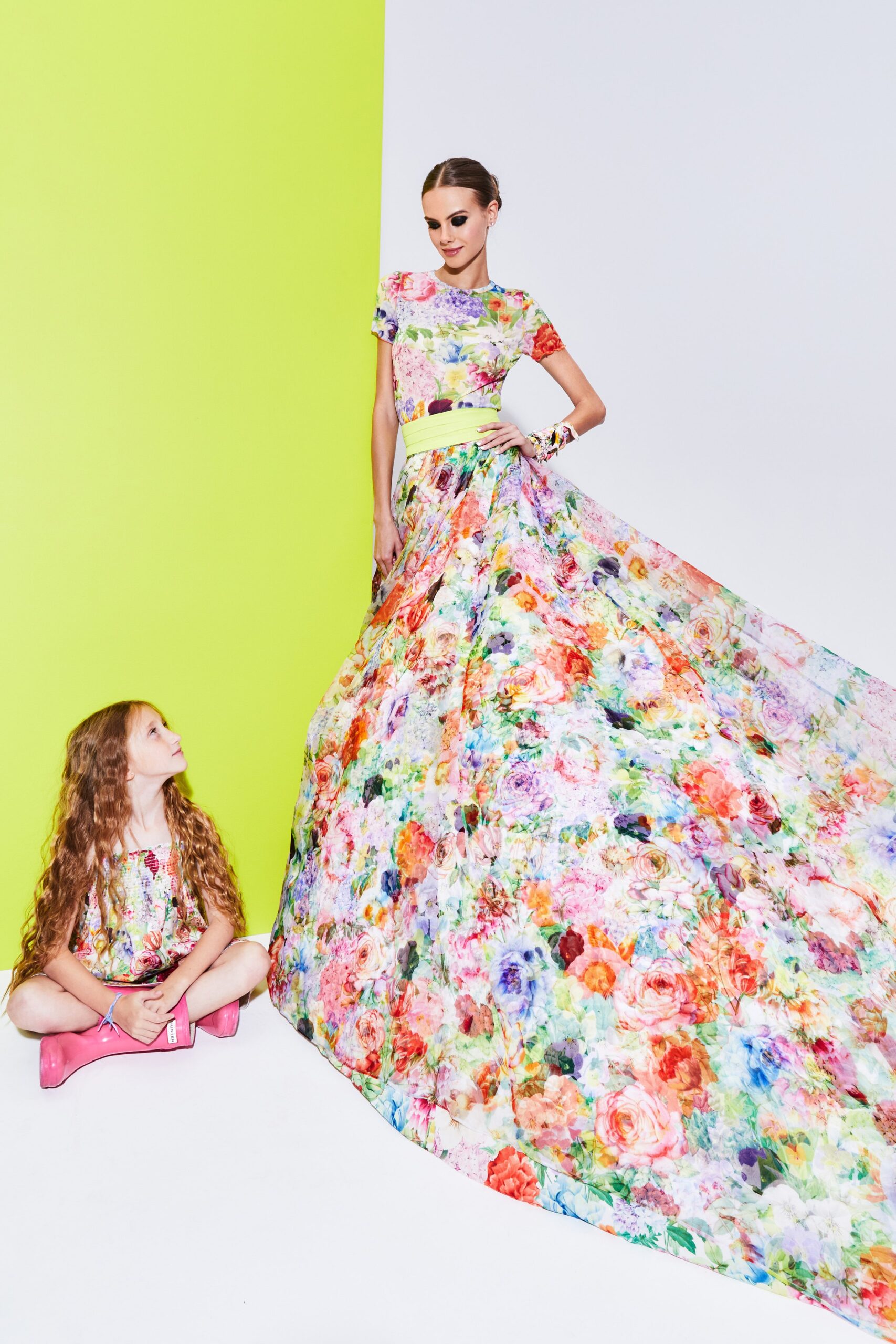 multi silk short-sleeve v-neck fitted flared flowing gown