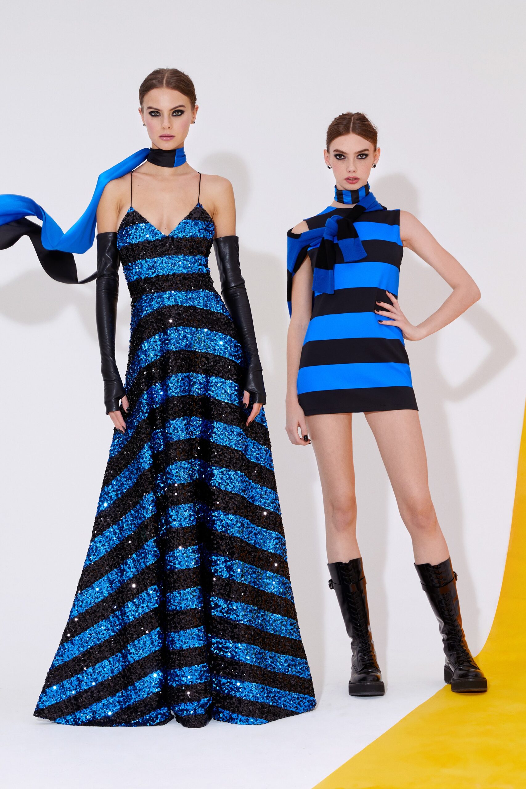blue sequin sleeveless v-neck fitted striped layered gown