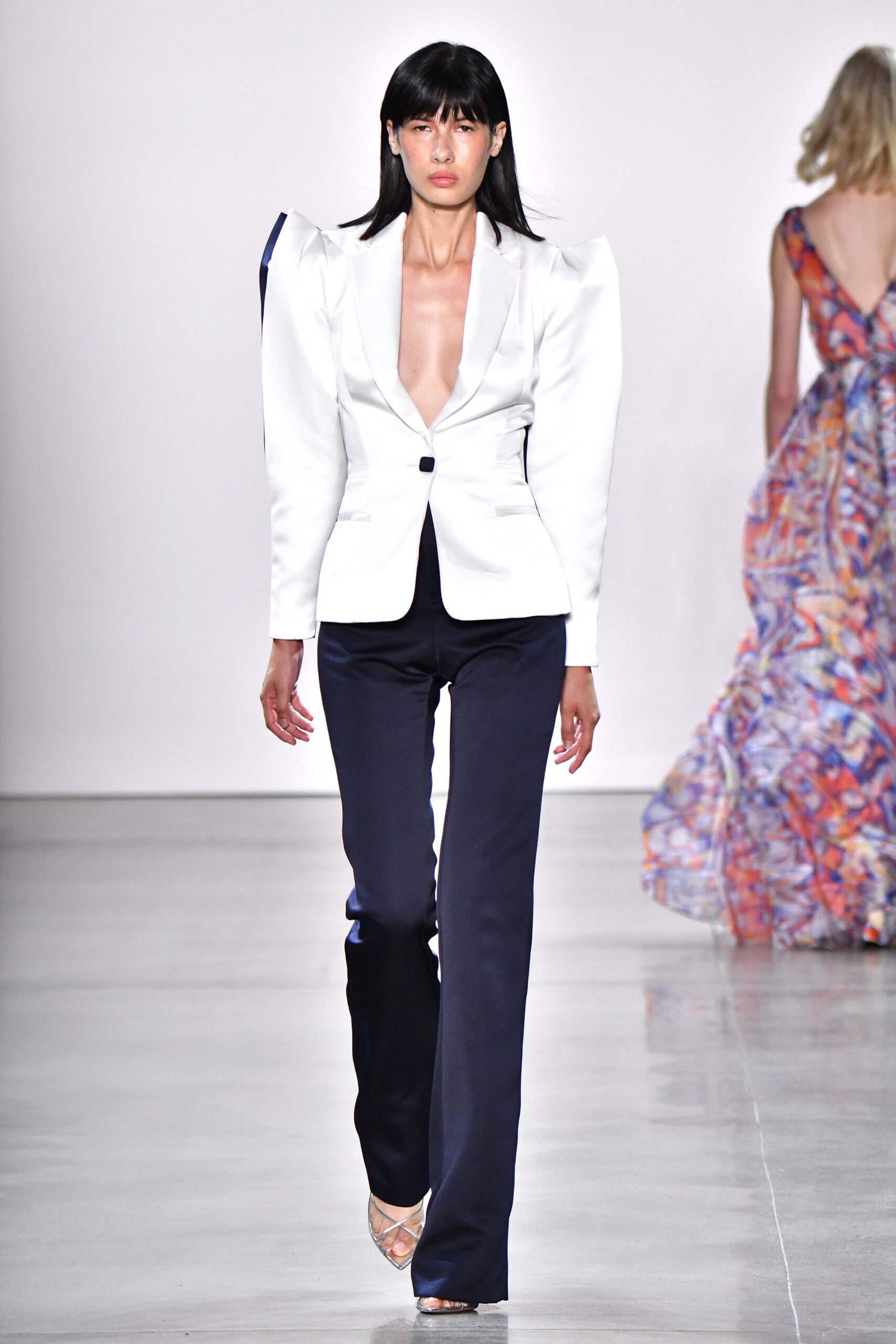 blue cotton fitted straight-leg pants