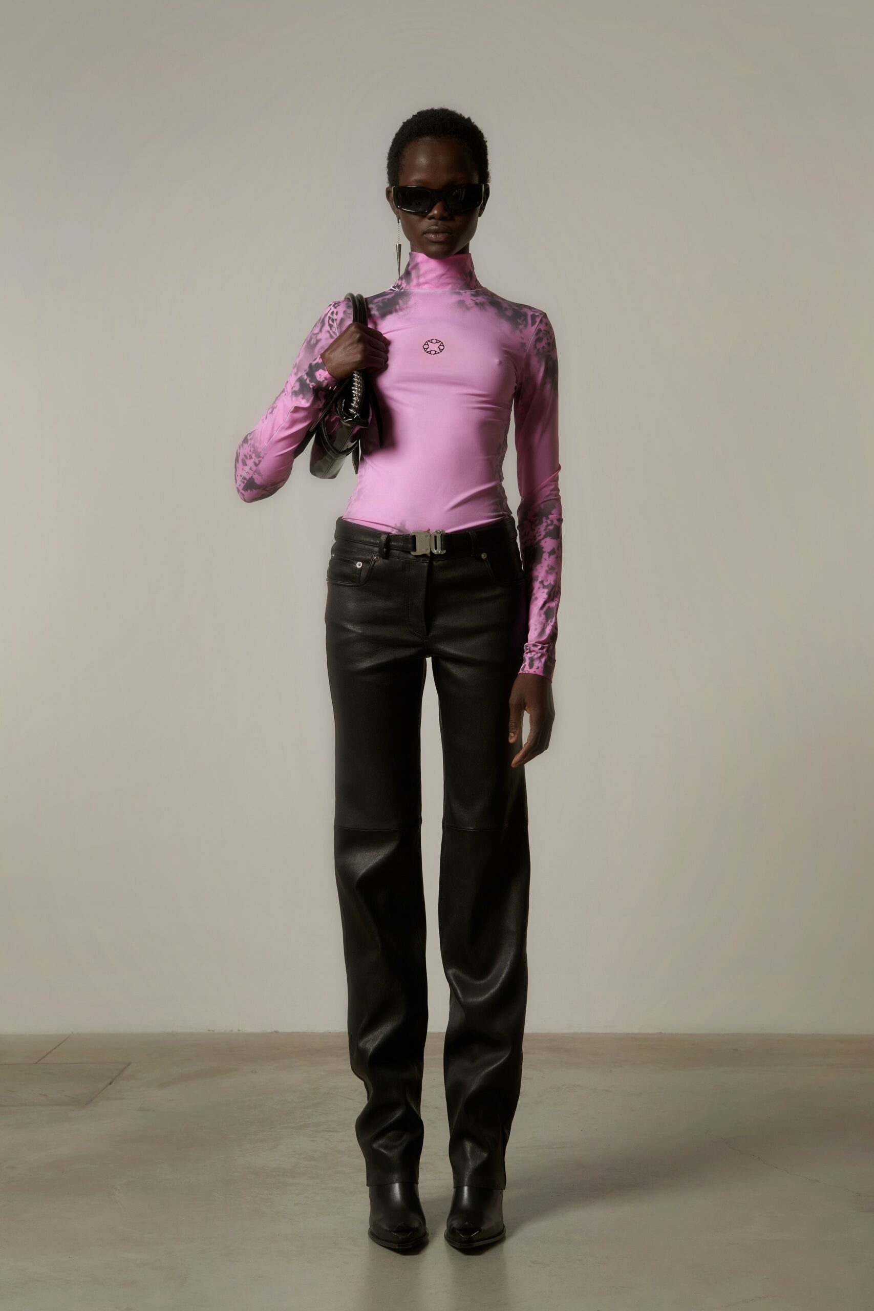 pink cotton long-sleeve high-neck fitted printed top