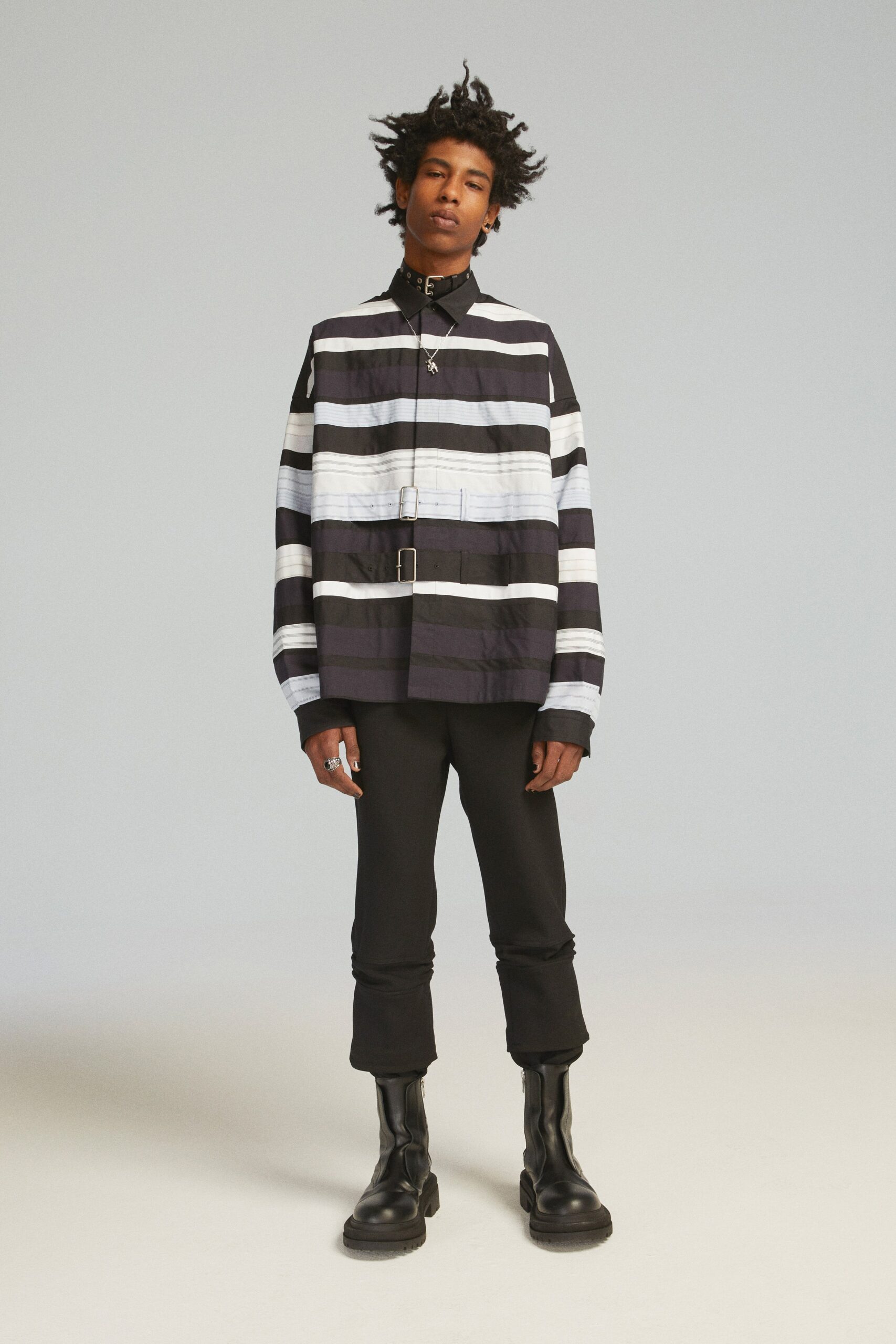 relaxed striped shirt with slim pants