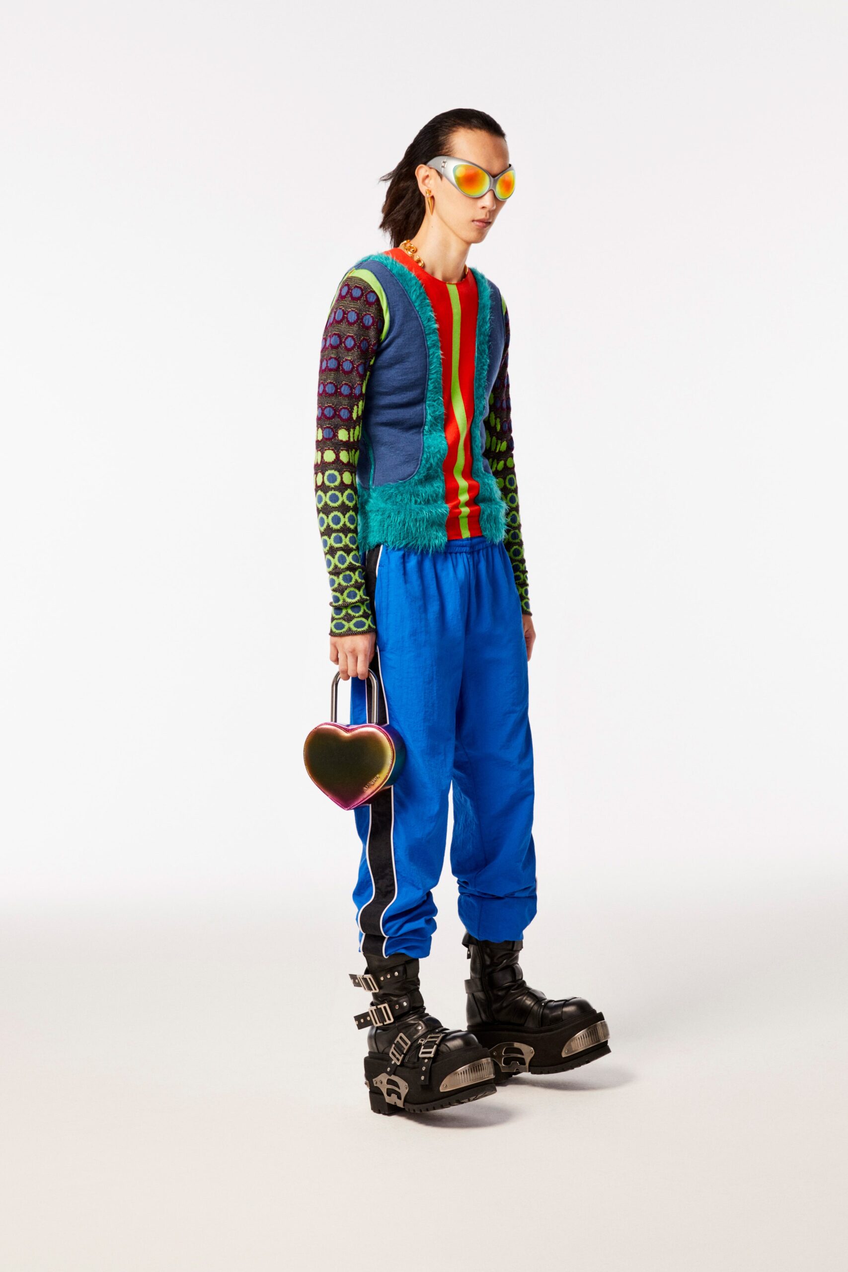 colorful fitted top with relaxed pants