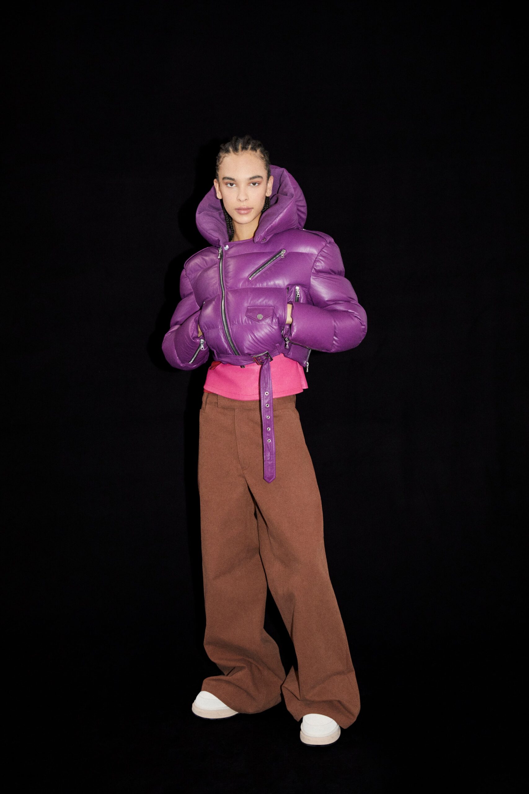 purple padded jacket with pink top