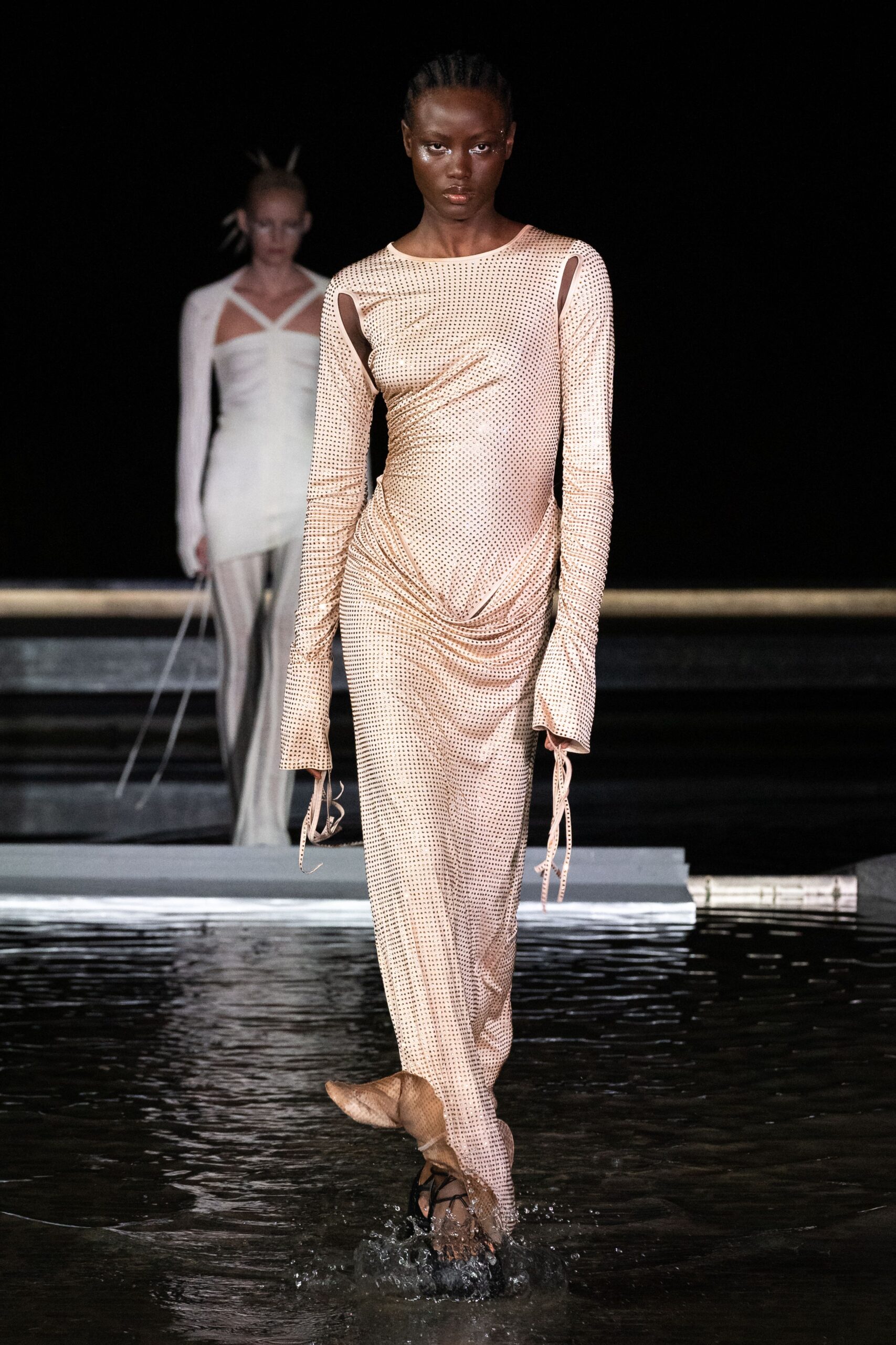 fitted beige mesh dress