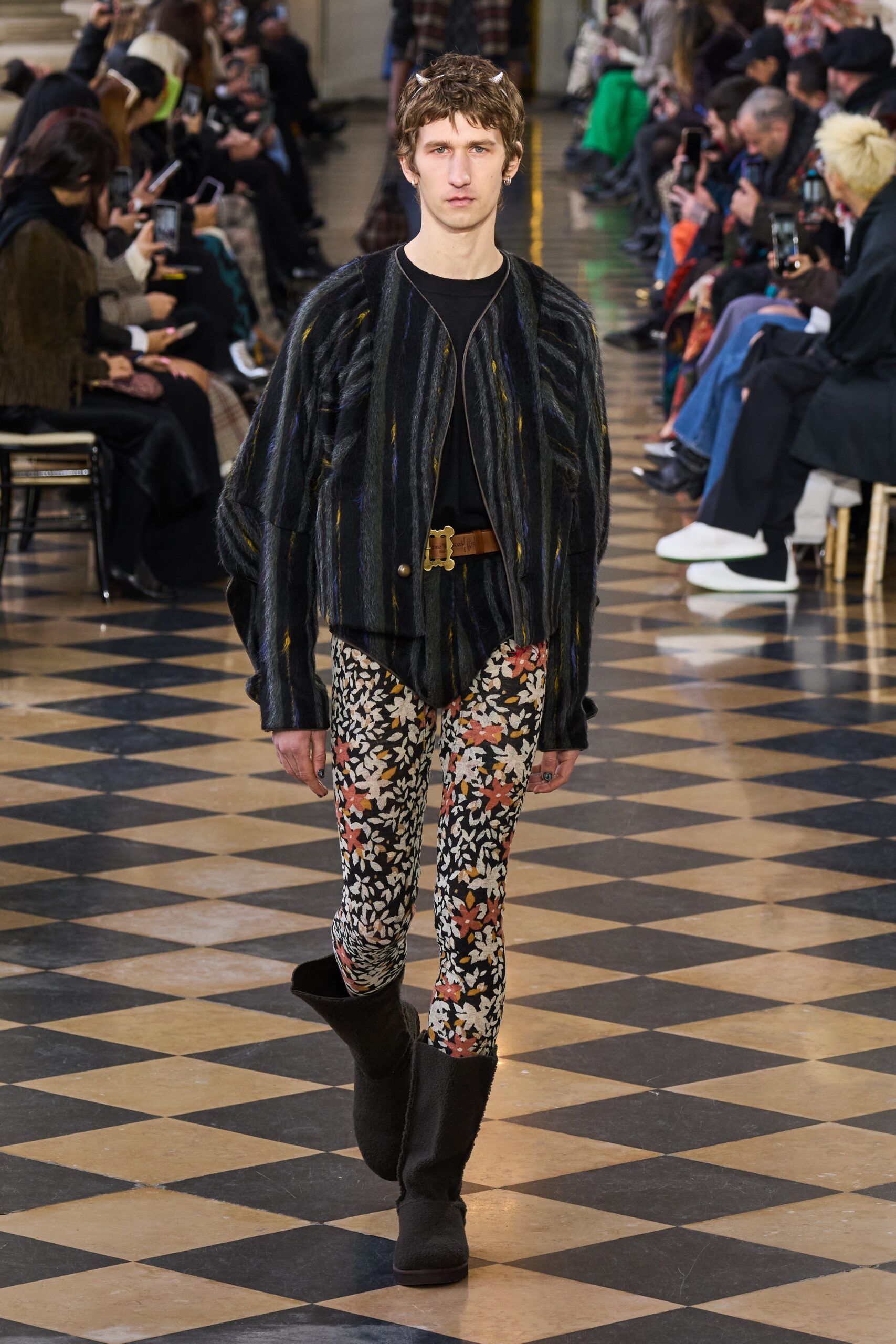 black wool relaxed jacket with floral pants