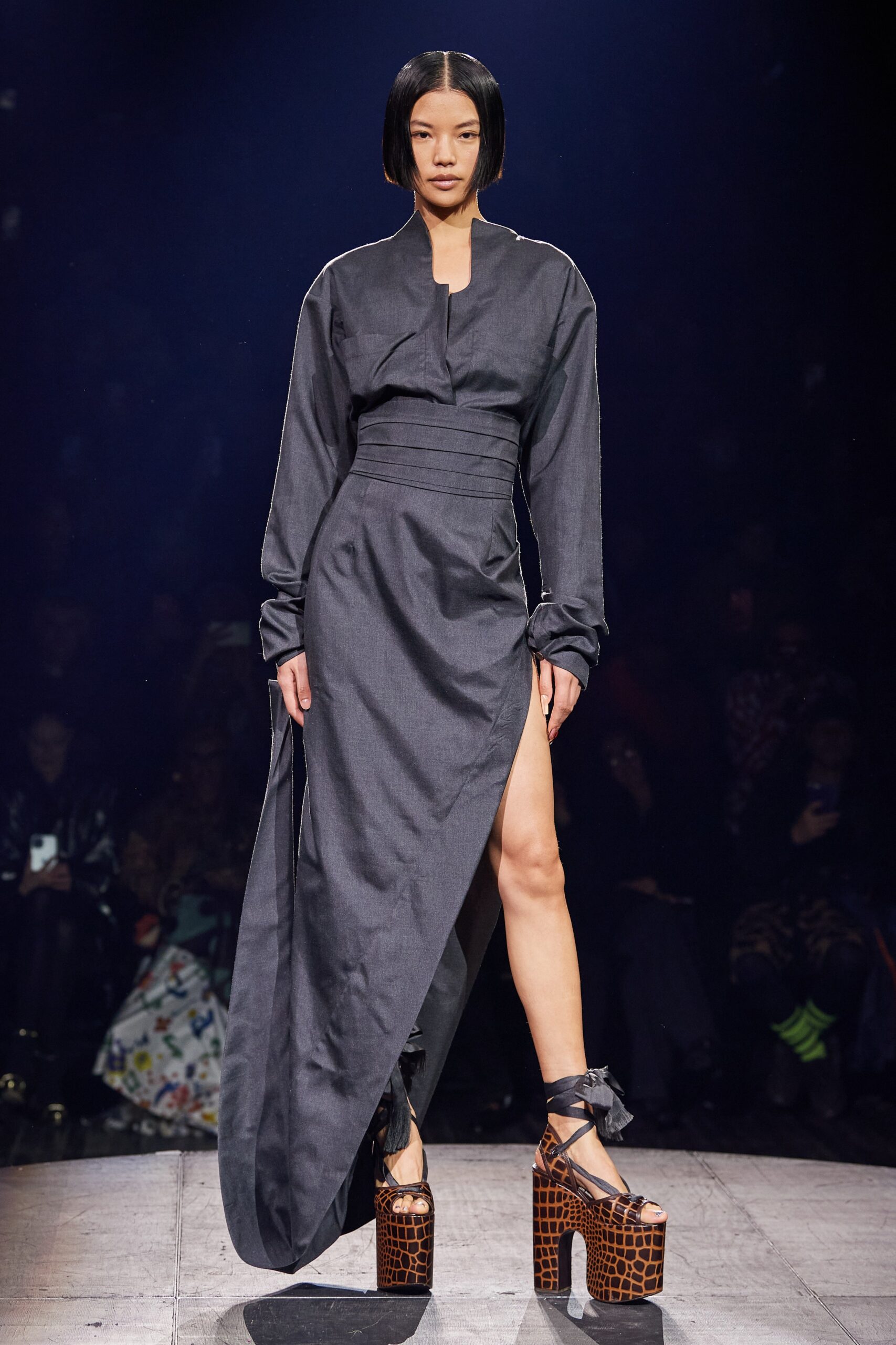 gray asymmetric long-sleeve dress