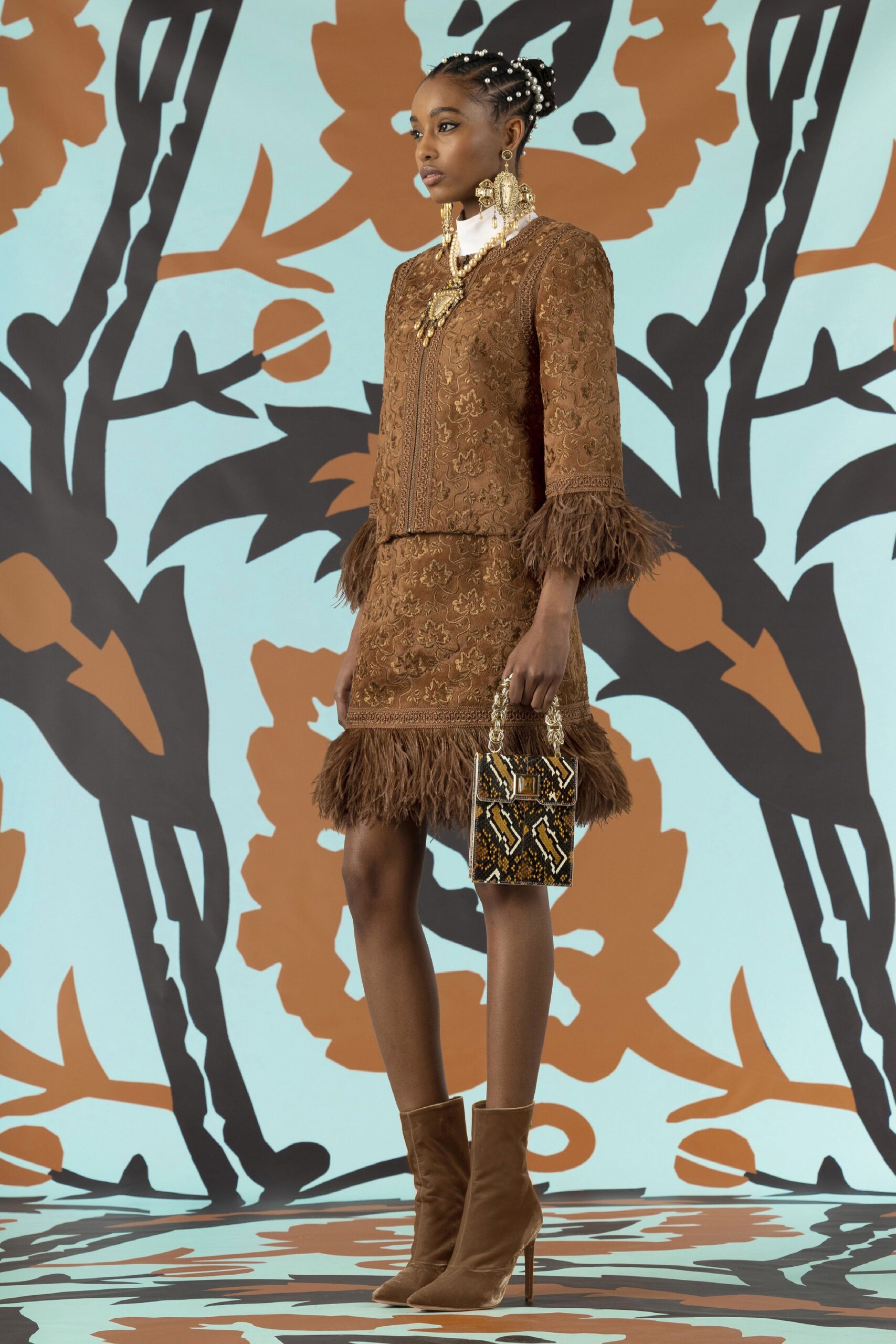 brown silk long-sleeve high-neck fitted embroidered fringed dress