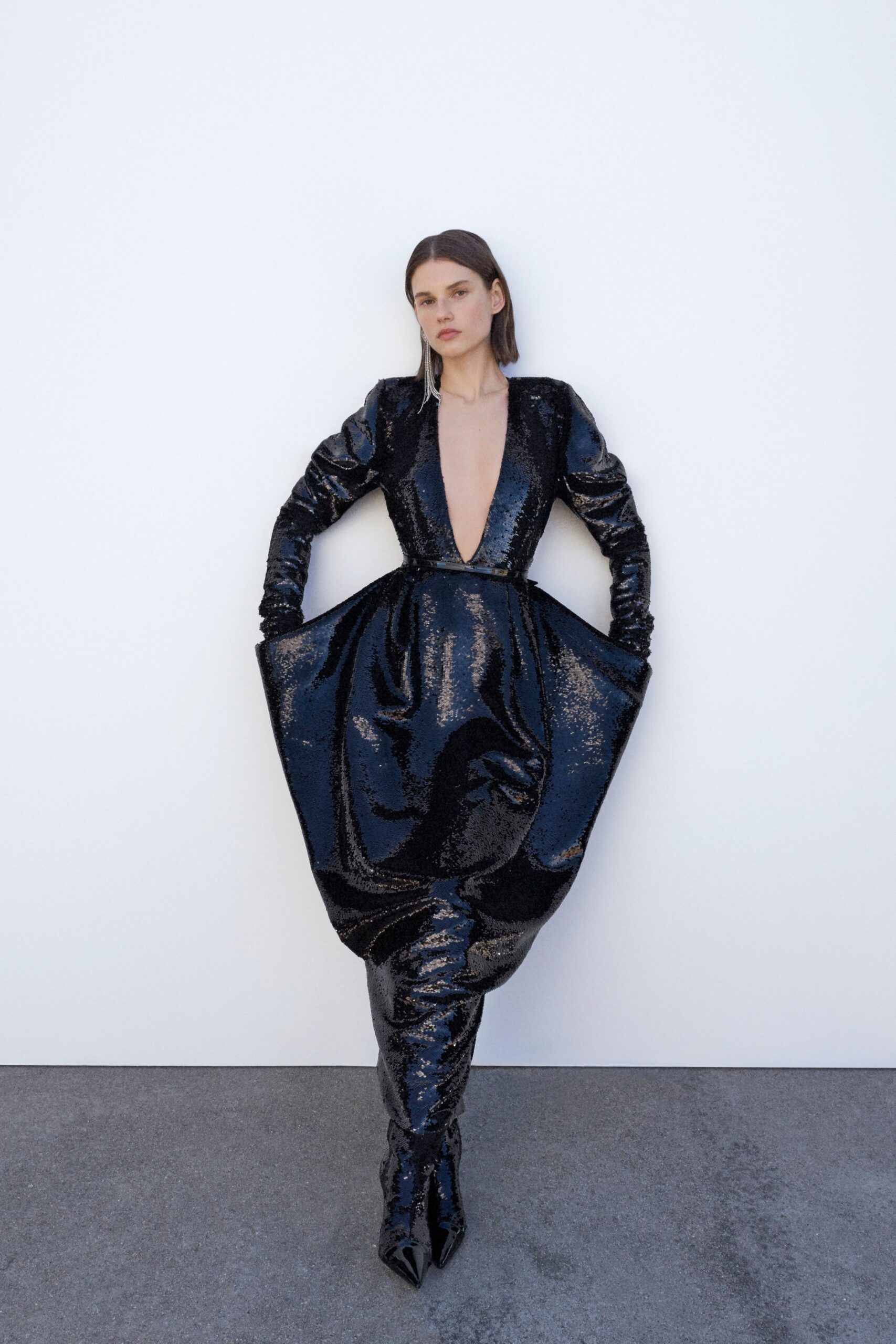 black silk long-sleeve dress