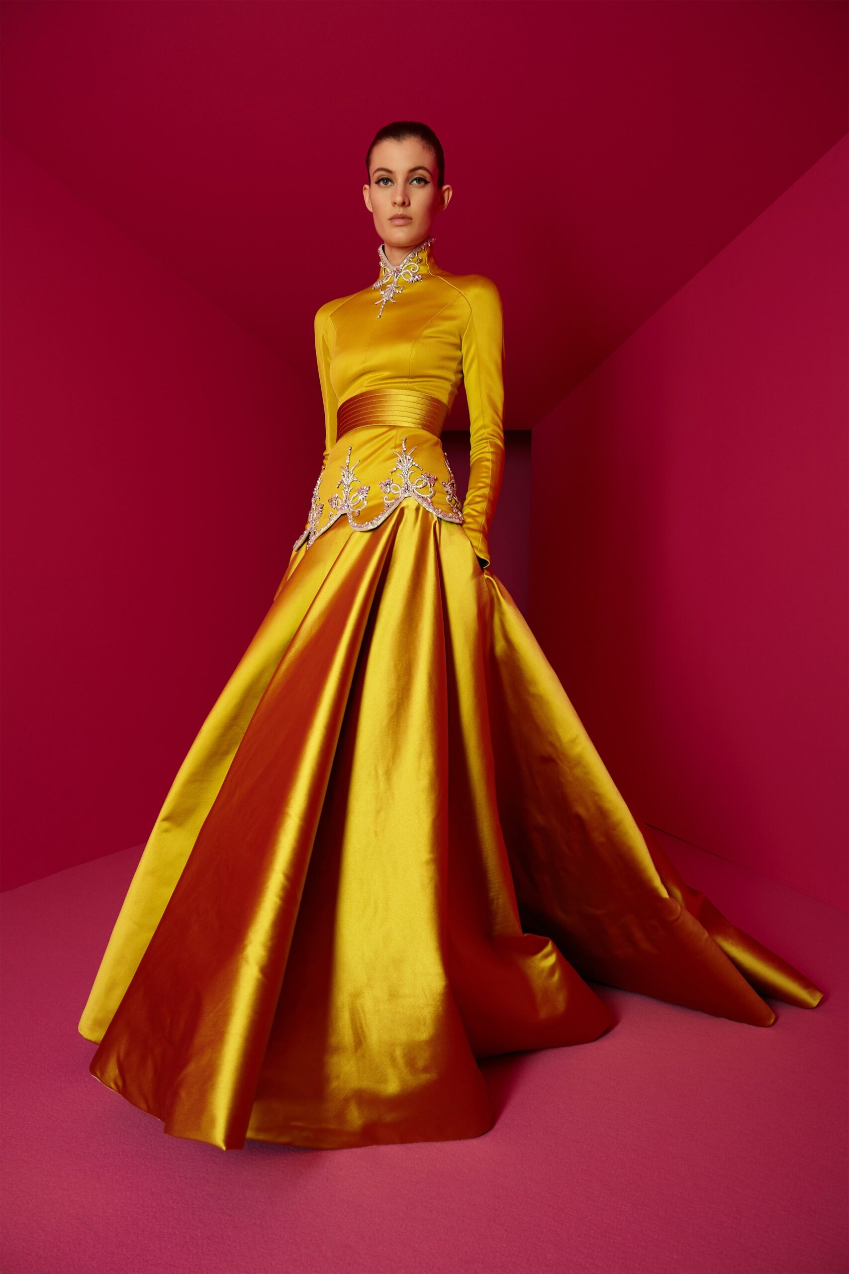yellow and red embellished gown