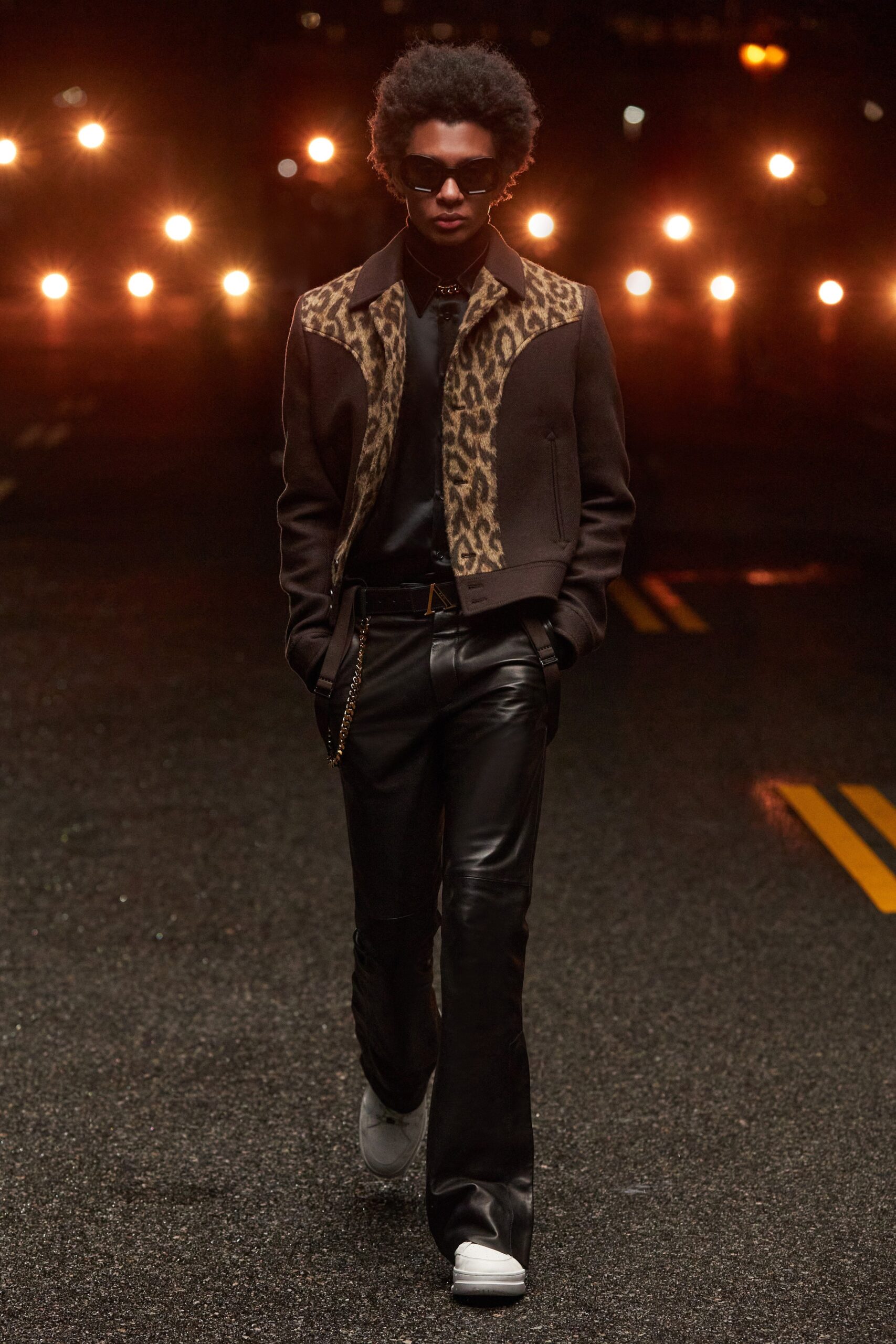 brown leather long-sleeve collared fitted zippered printed jacket