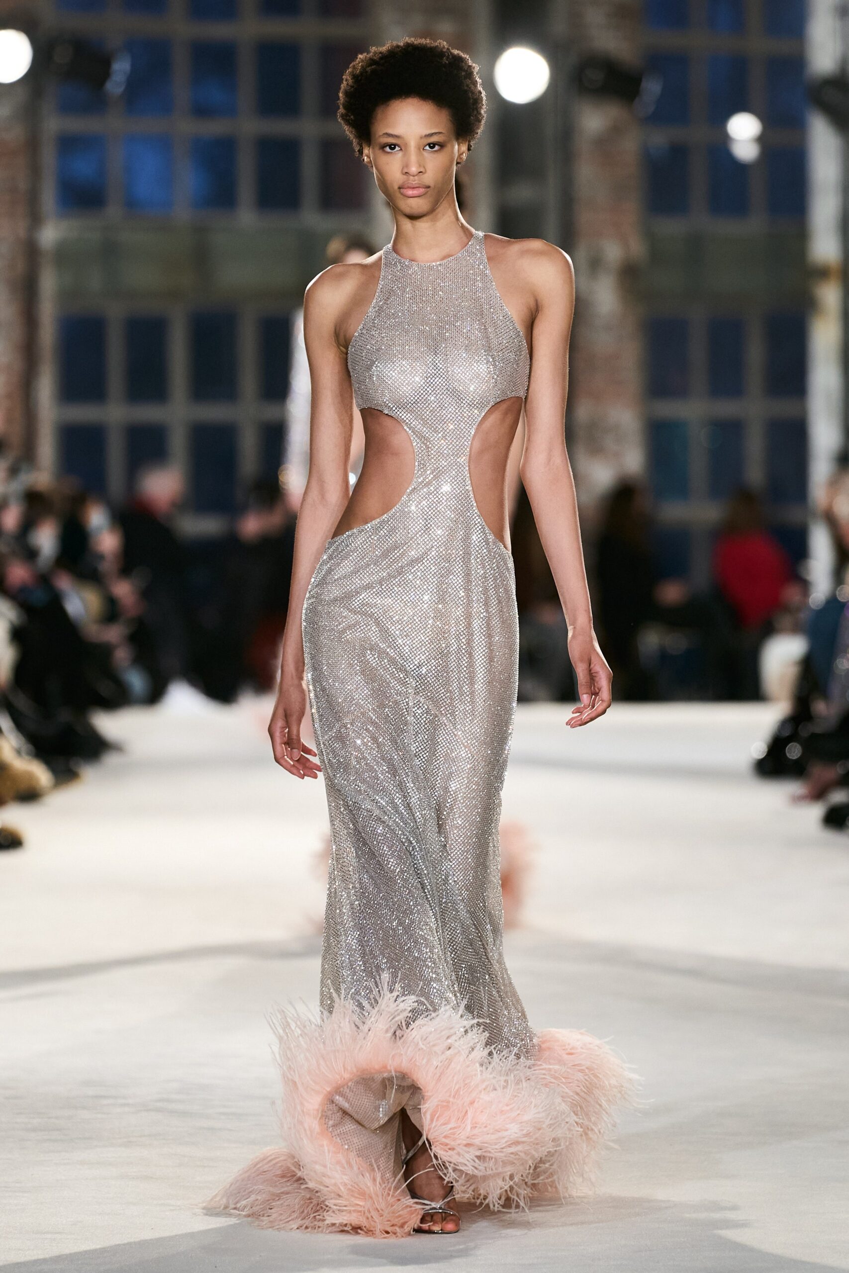 fitted silver gown with cutouts