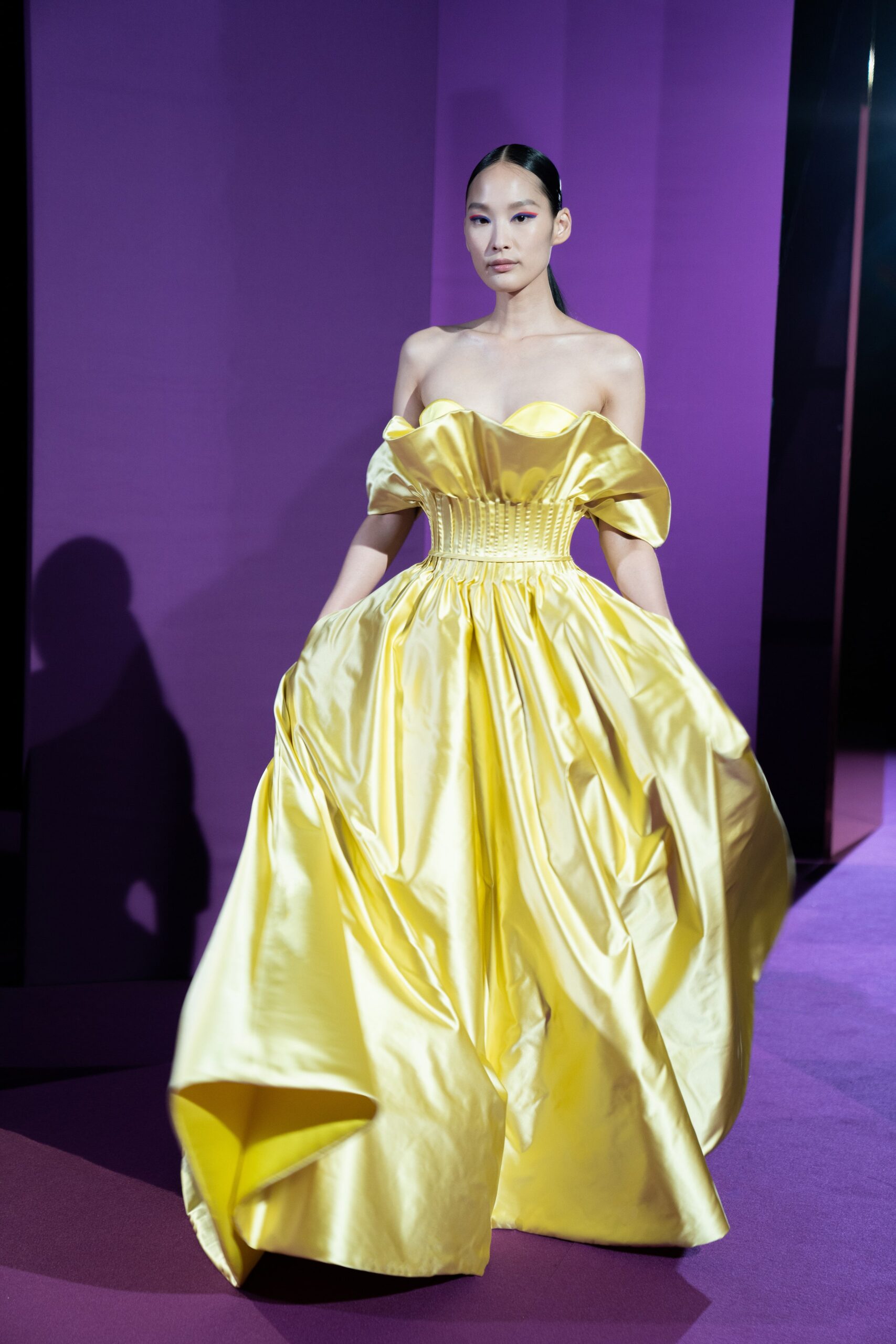 yellow silk strapless gown