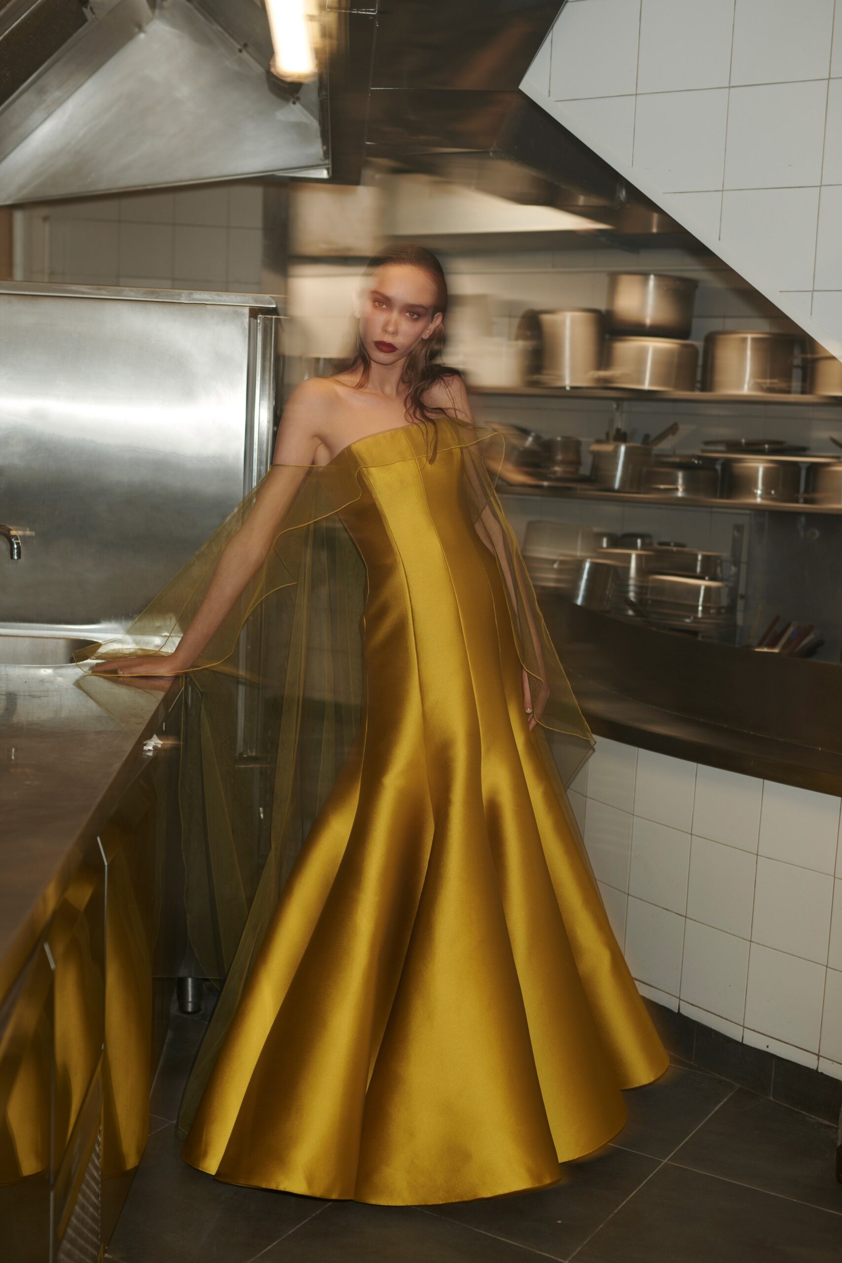 yellow silk strapless gown