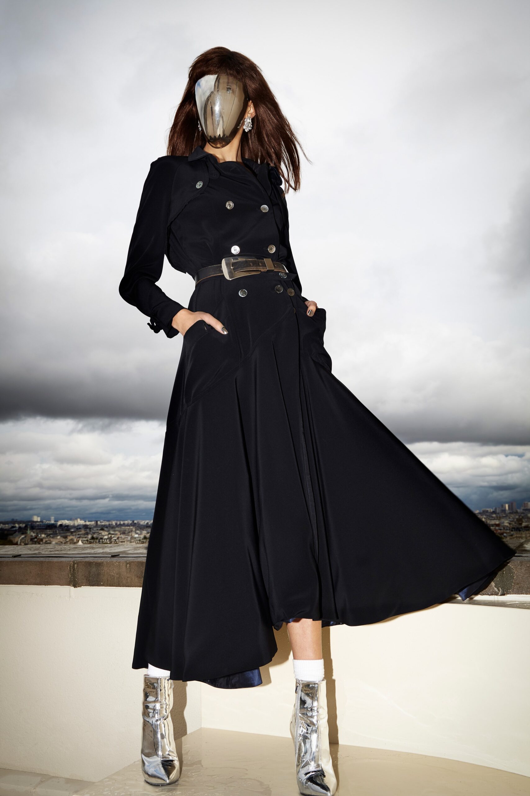 black silk long-sleeve dress