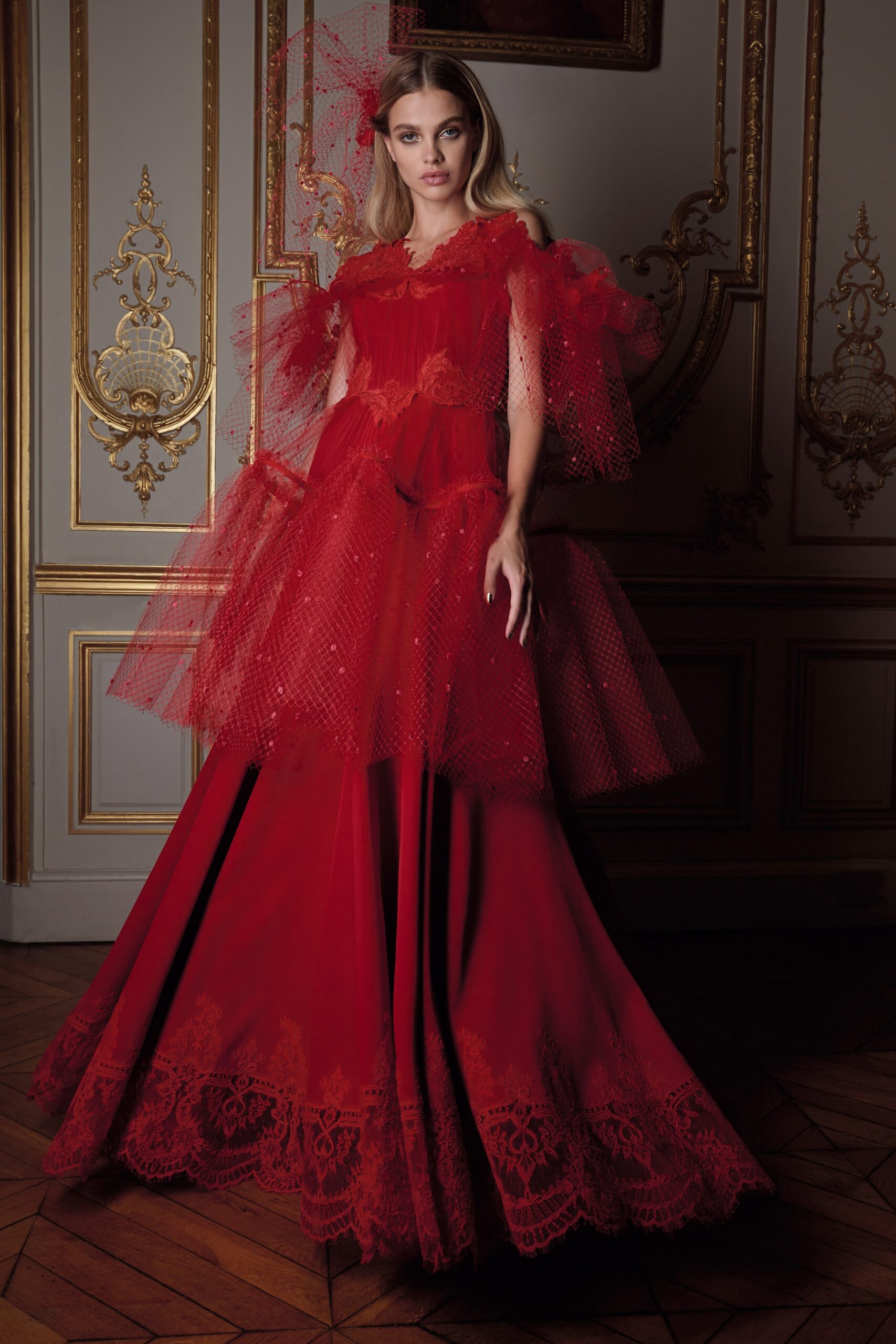 red silk off-shoulder gown