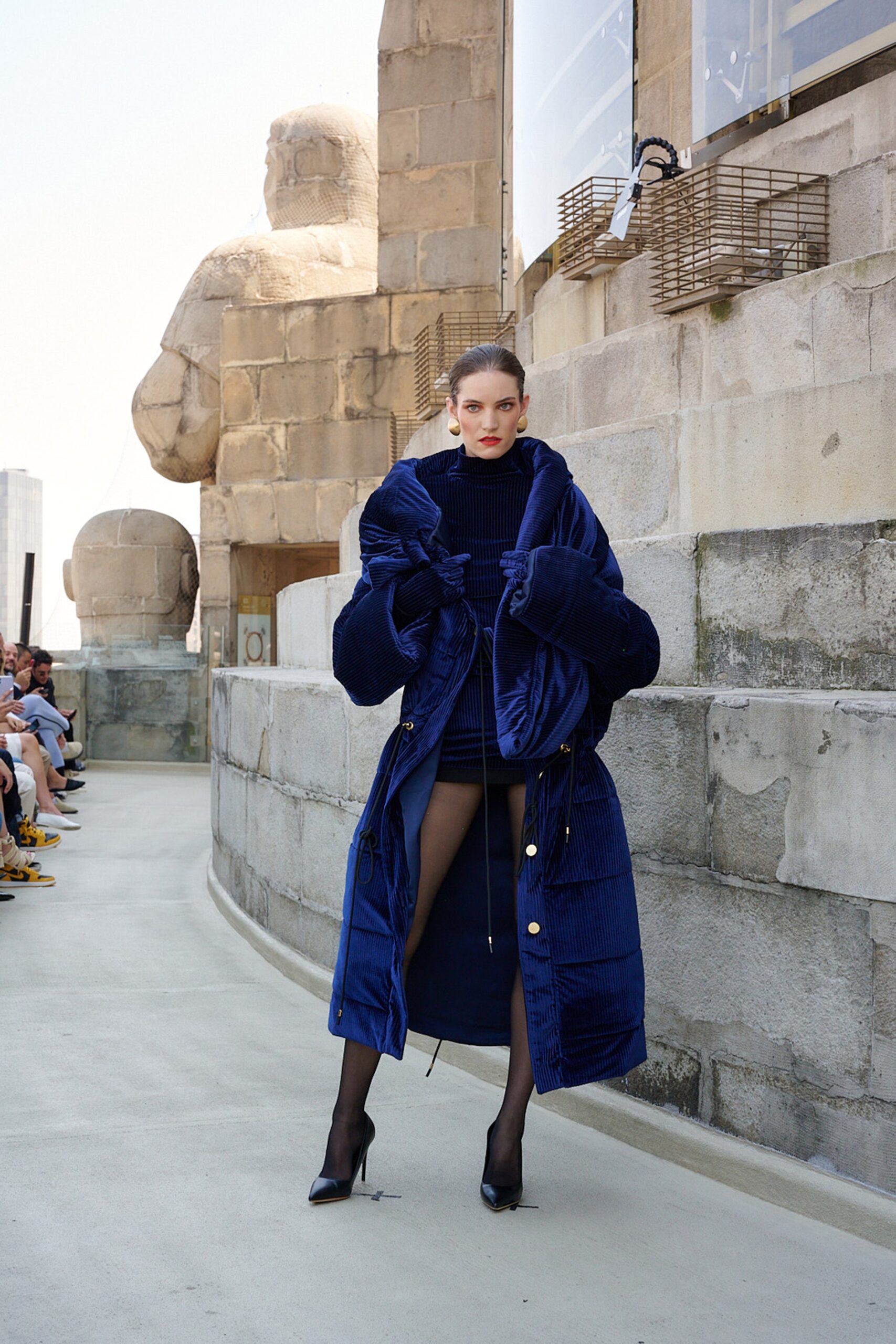 blue velvet long-sleeve collared oversized draped maxi coat