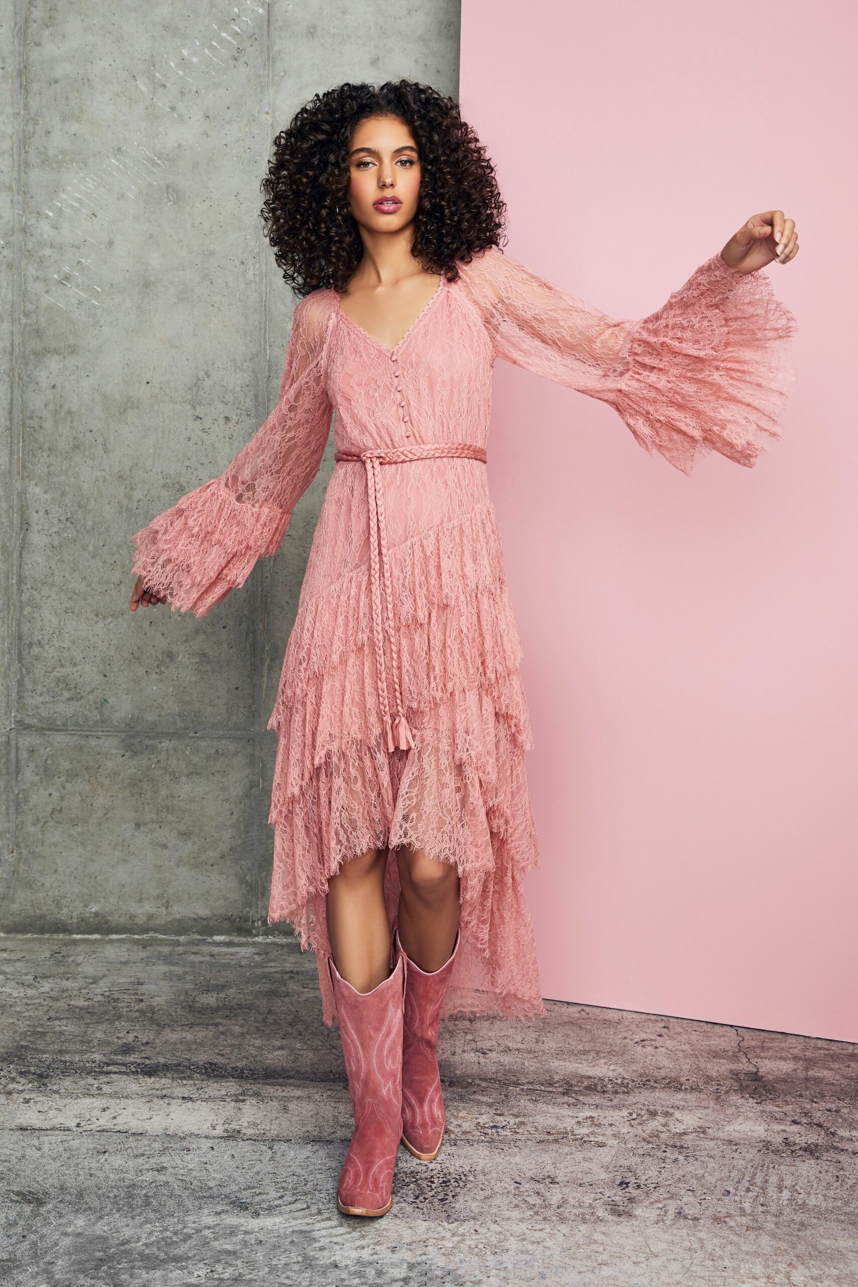 pink lace long-sleeve v-neck fitted tiered ruffled dress
