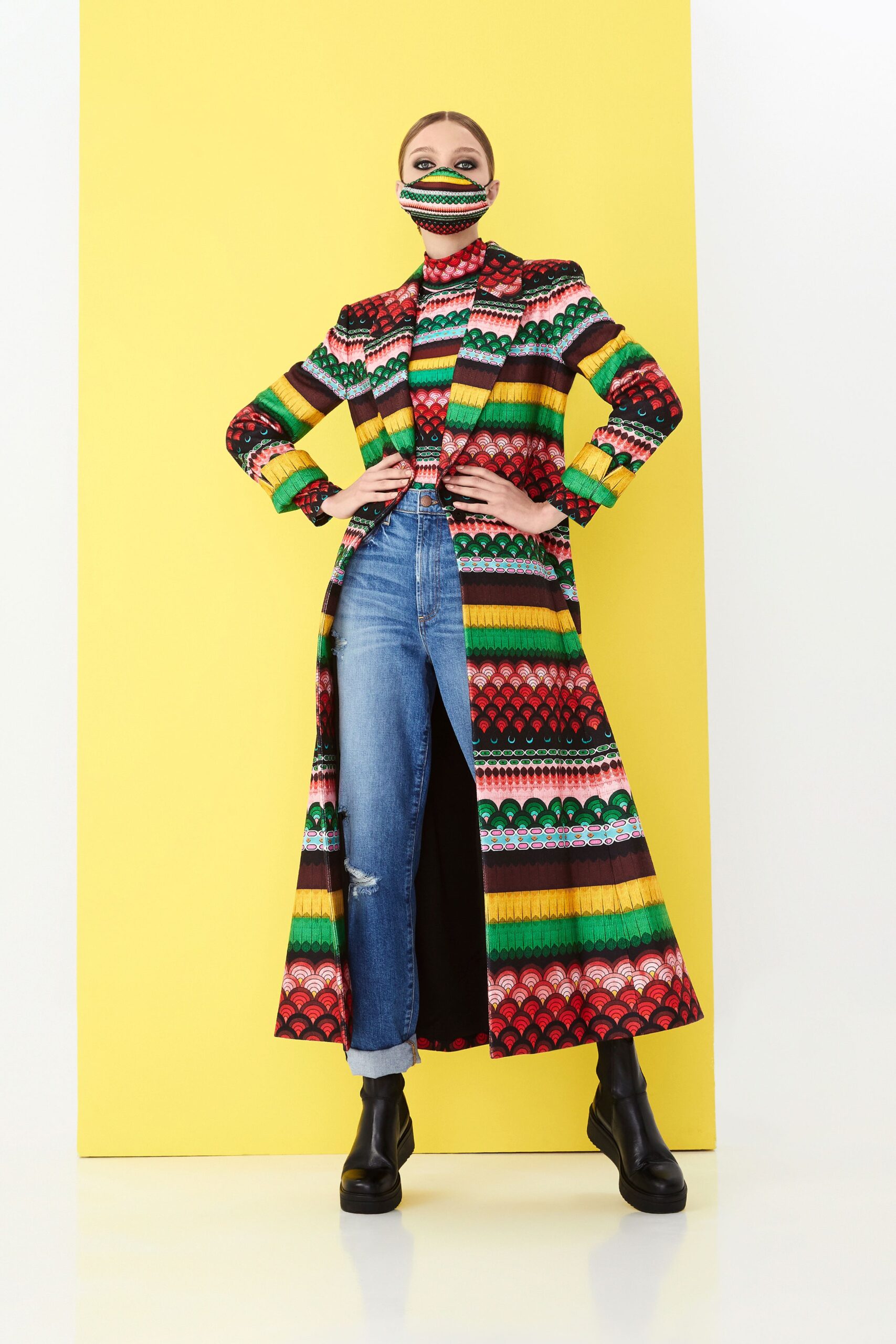 multi-colored coat with jeans