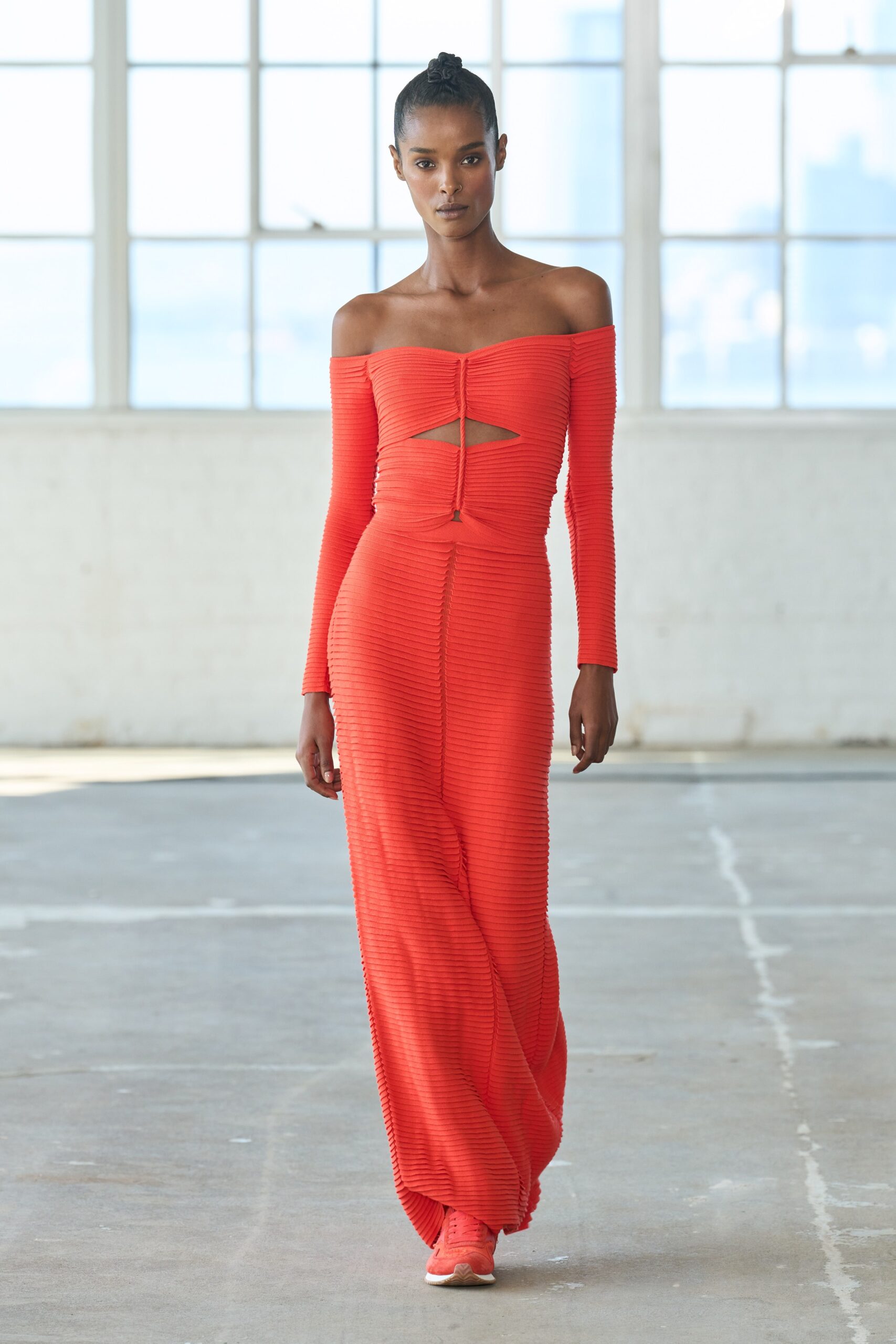 red fitted off-shoulder gown