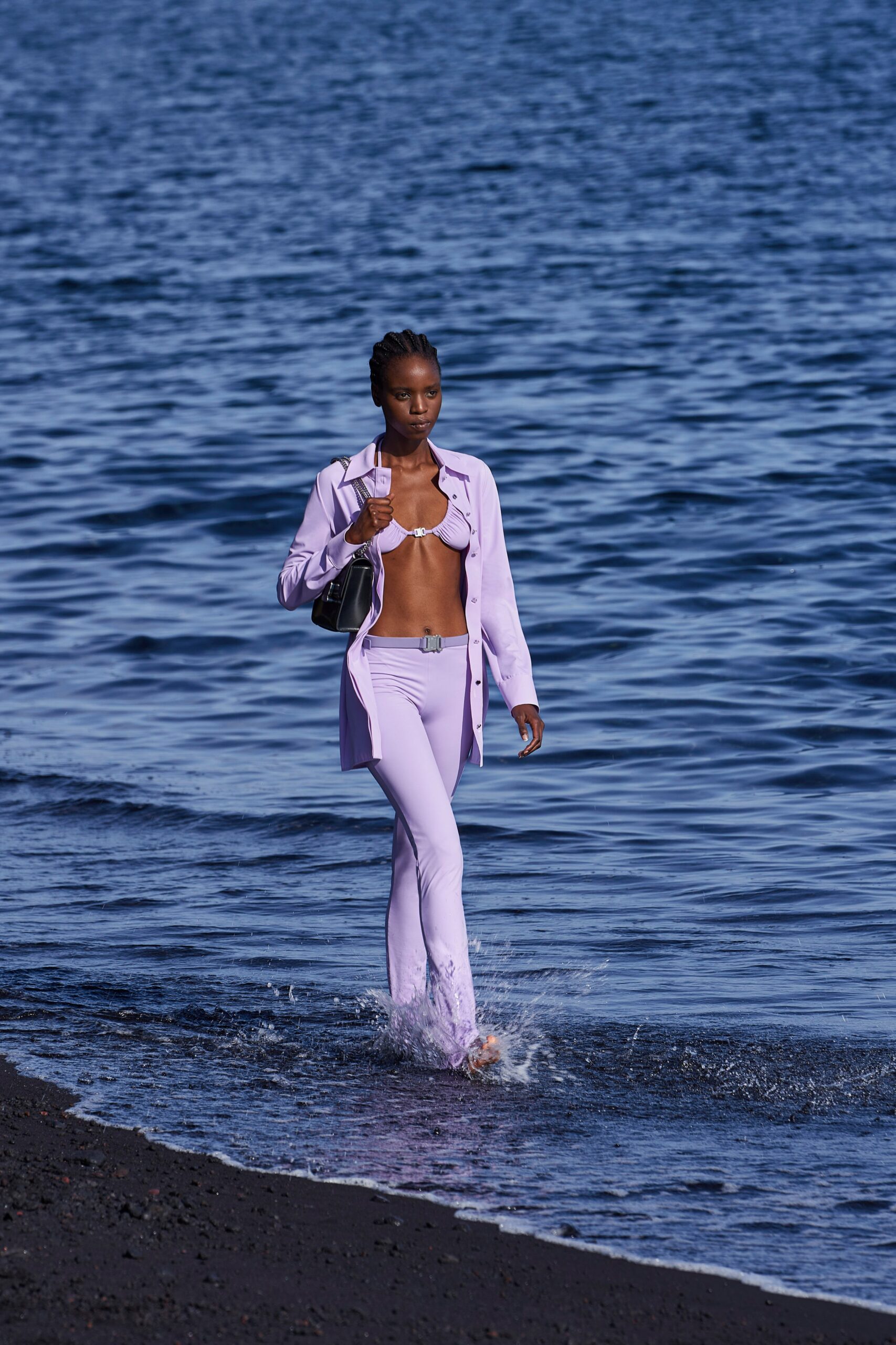 fitted purple blouse and pants