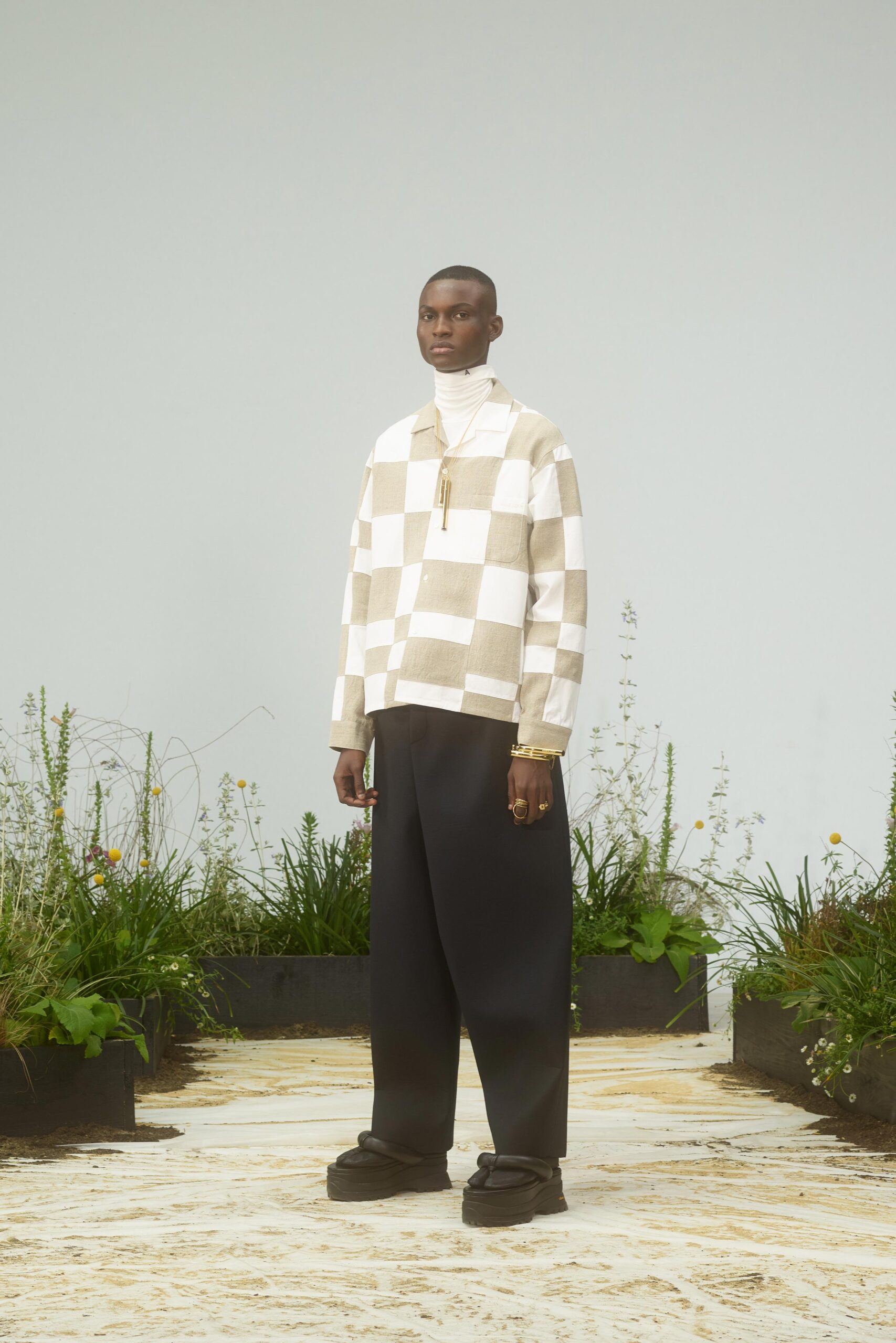 beige cotton long-sleeve high-neck relaxed checked top
