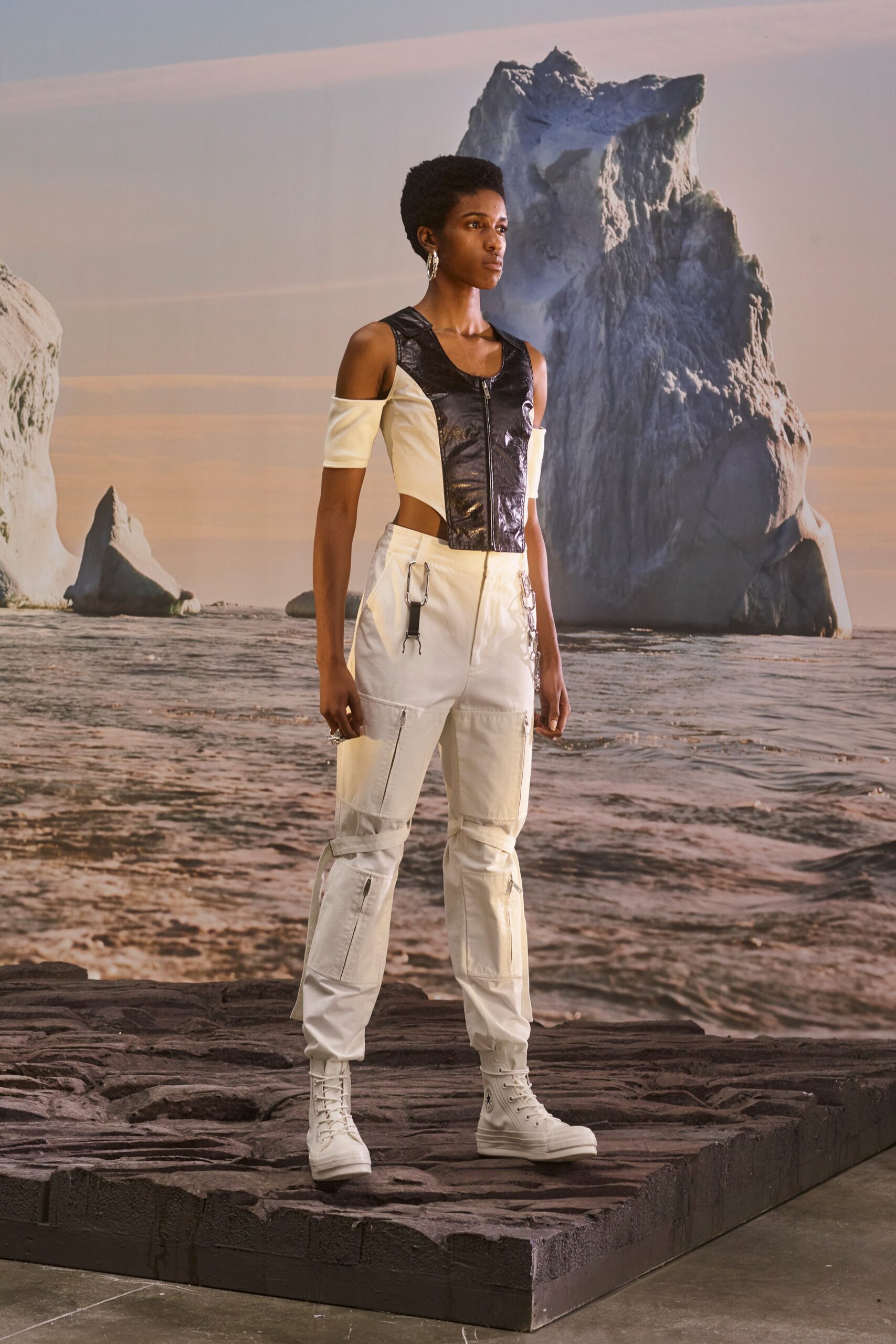 white cotton long-sleeve off-shoulder fitted zippered pockets jumpsuit