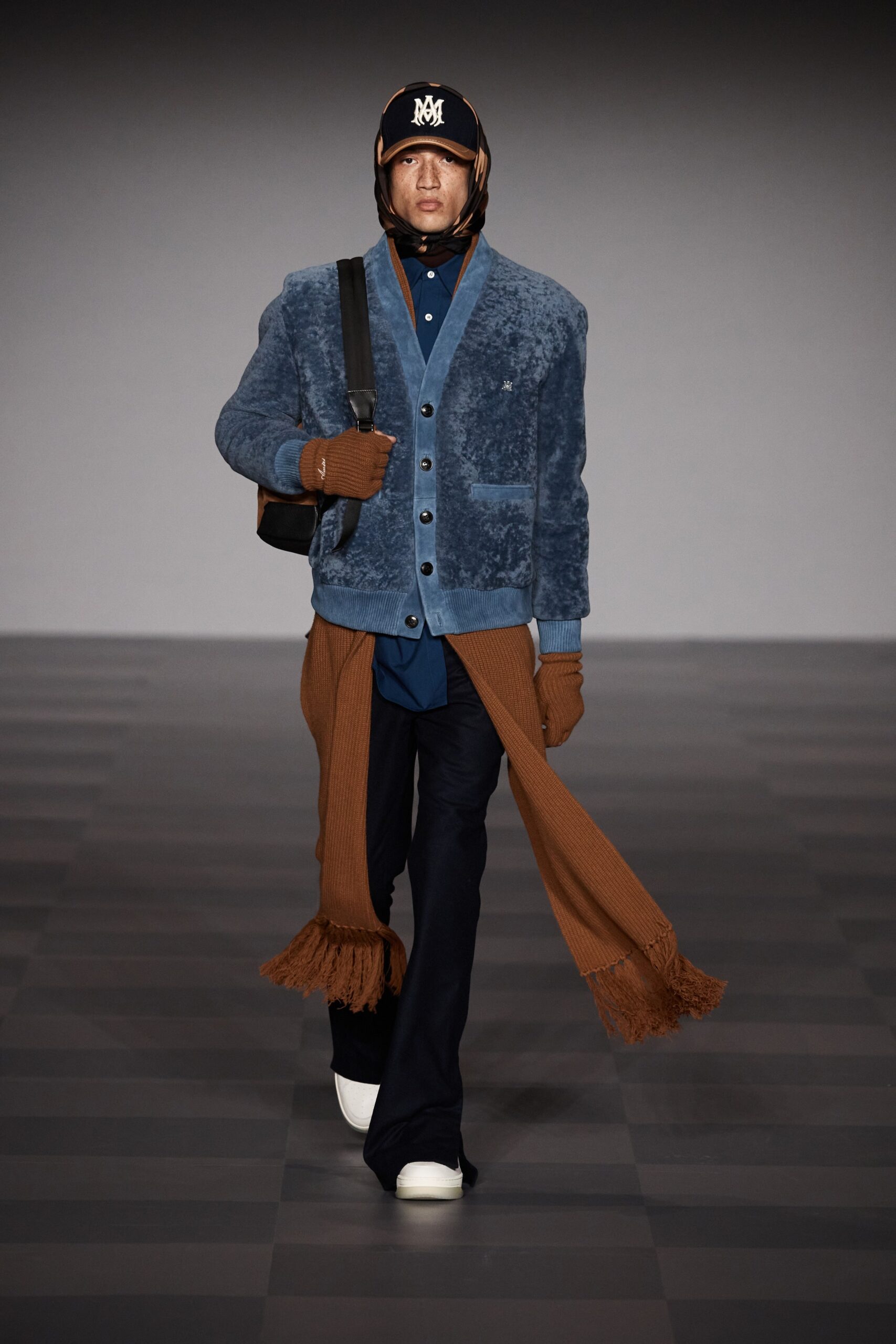 blue velvet jacket with brown scarf