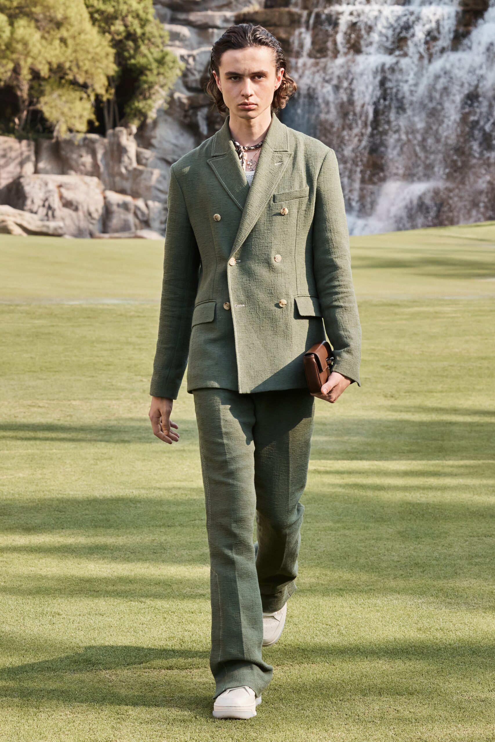 green tailored linen suit